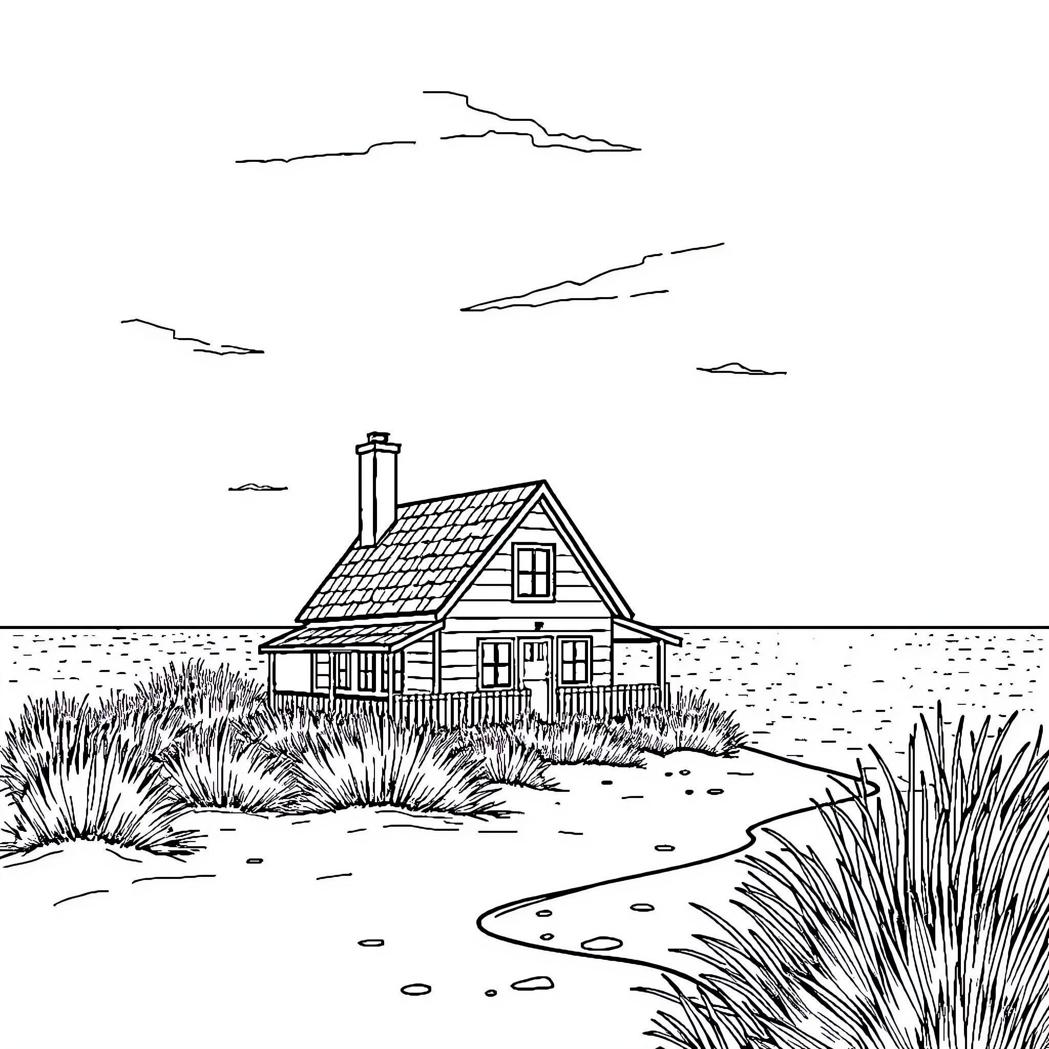 House on a scenic countryside landscape Coloring Page (free black-and-white line drawing printable PDF for all, from beginners to advanced learners, including children, teens, adults, and seniors)