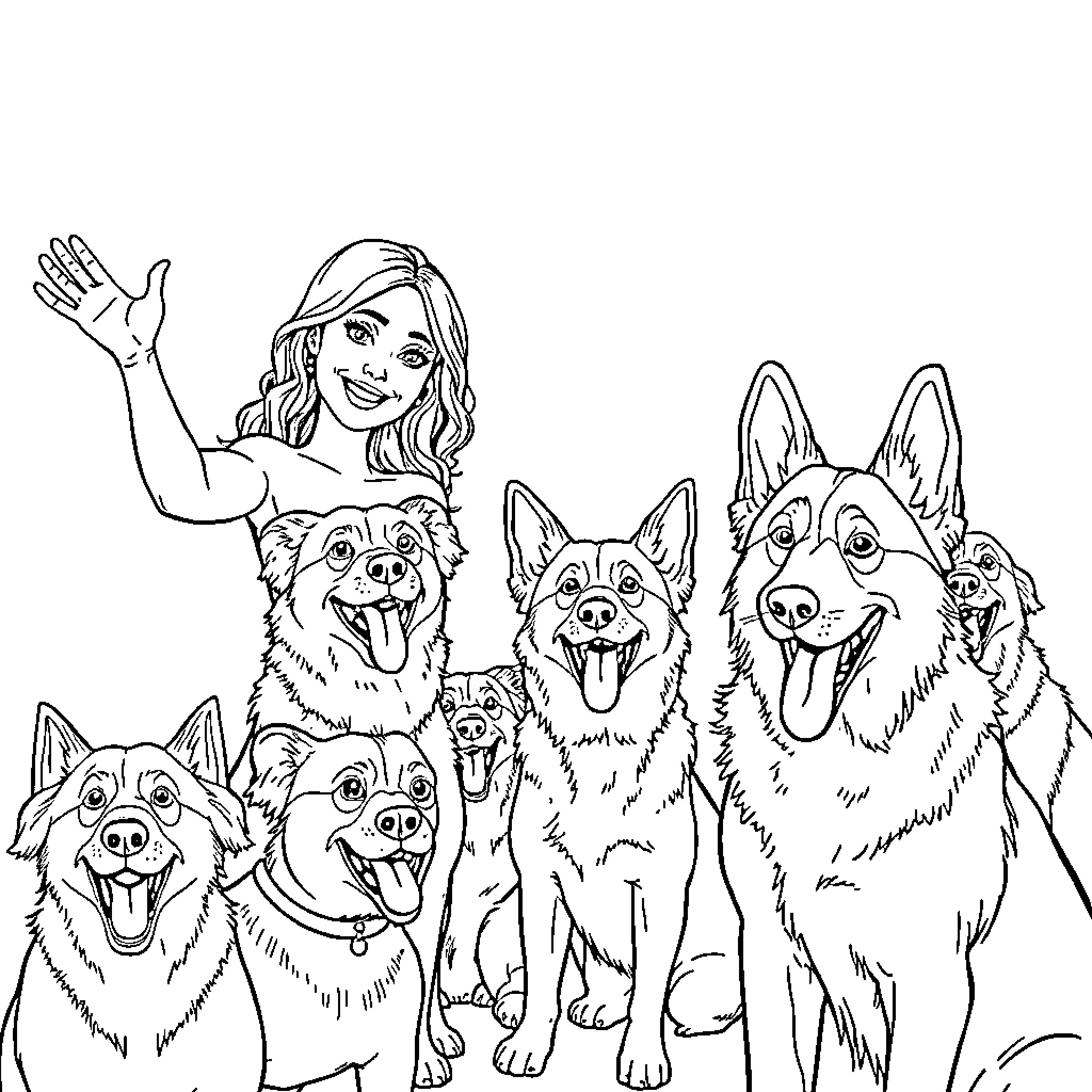 Model with Friendly Pack of Dogs Coloring Page (free black-and-white line drawing printable PDF for all, from beginners to advanced learners, including children, teens, adults, and seniors)