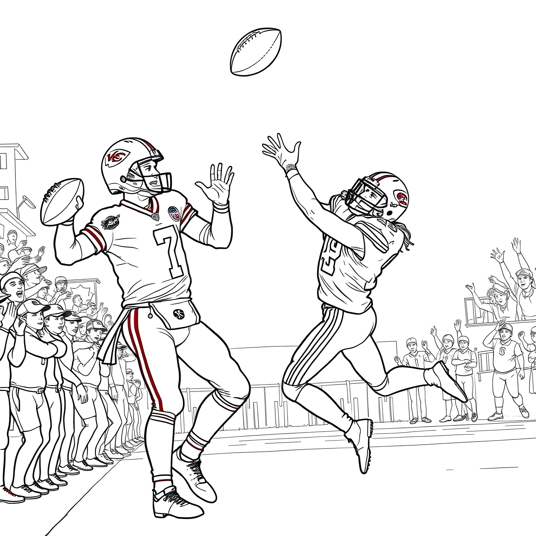 Patrick Mahomes throwing a pass amidst the crowd Coloring Page (free black-and-white line drawing printable PDF for all, from beginners to advanced learners, including children, teens, adults, and seniors)