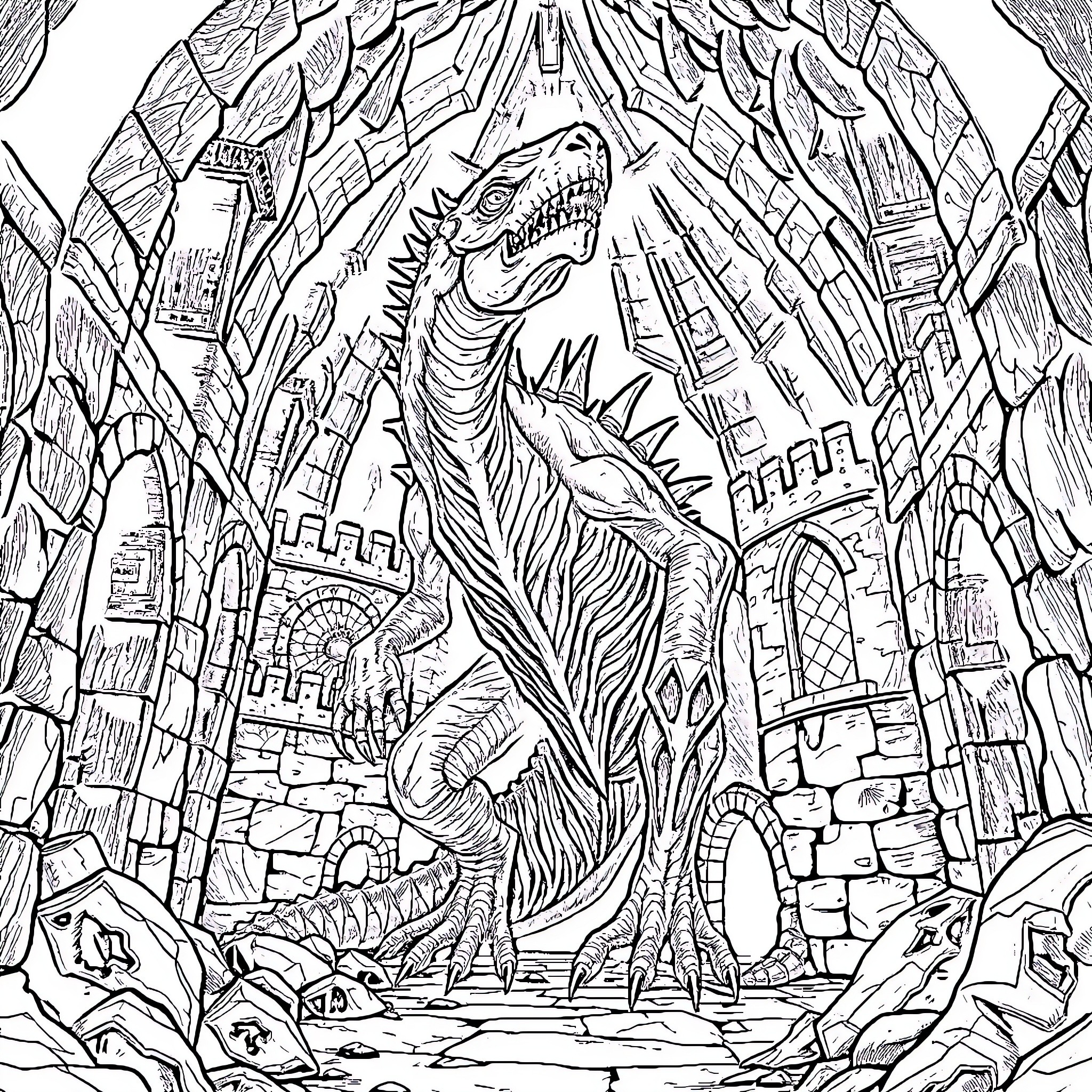 Monster Rampaging Through Fantastical Cityscape Coloring Page (free black-and-white line drawing printable PDF for all, from beginners to advanced learners, including children, teens, adults, and seniors)