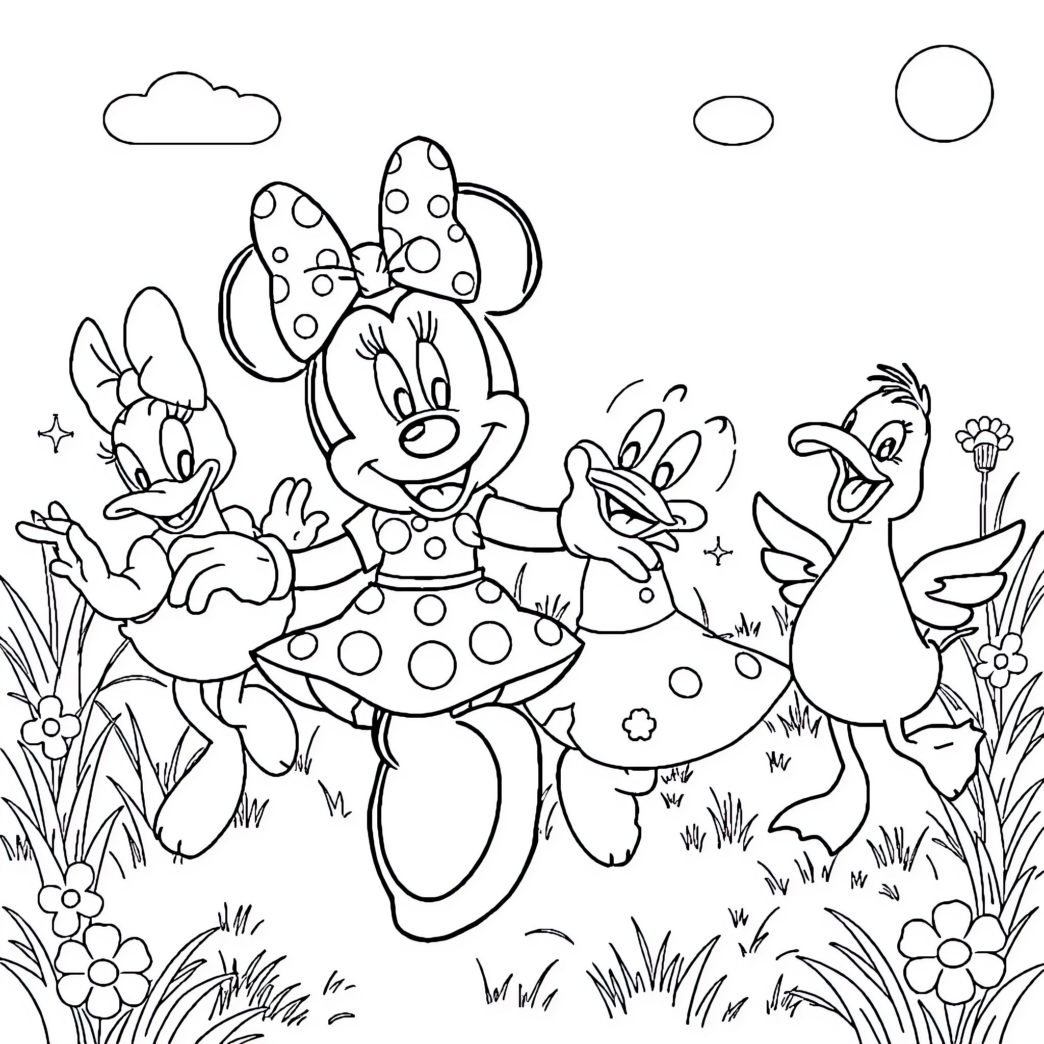 Minnie's Cheerful Woodland Adventure Coloring Page (free black-and-white line drawing printable PDF for all, from beginners to advanced learners, including children, teens, adults, and seniors)