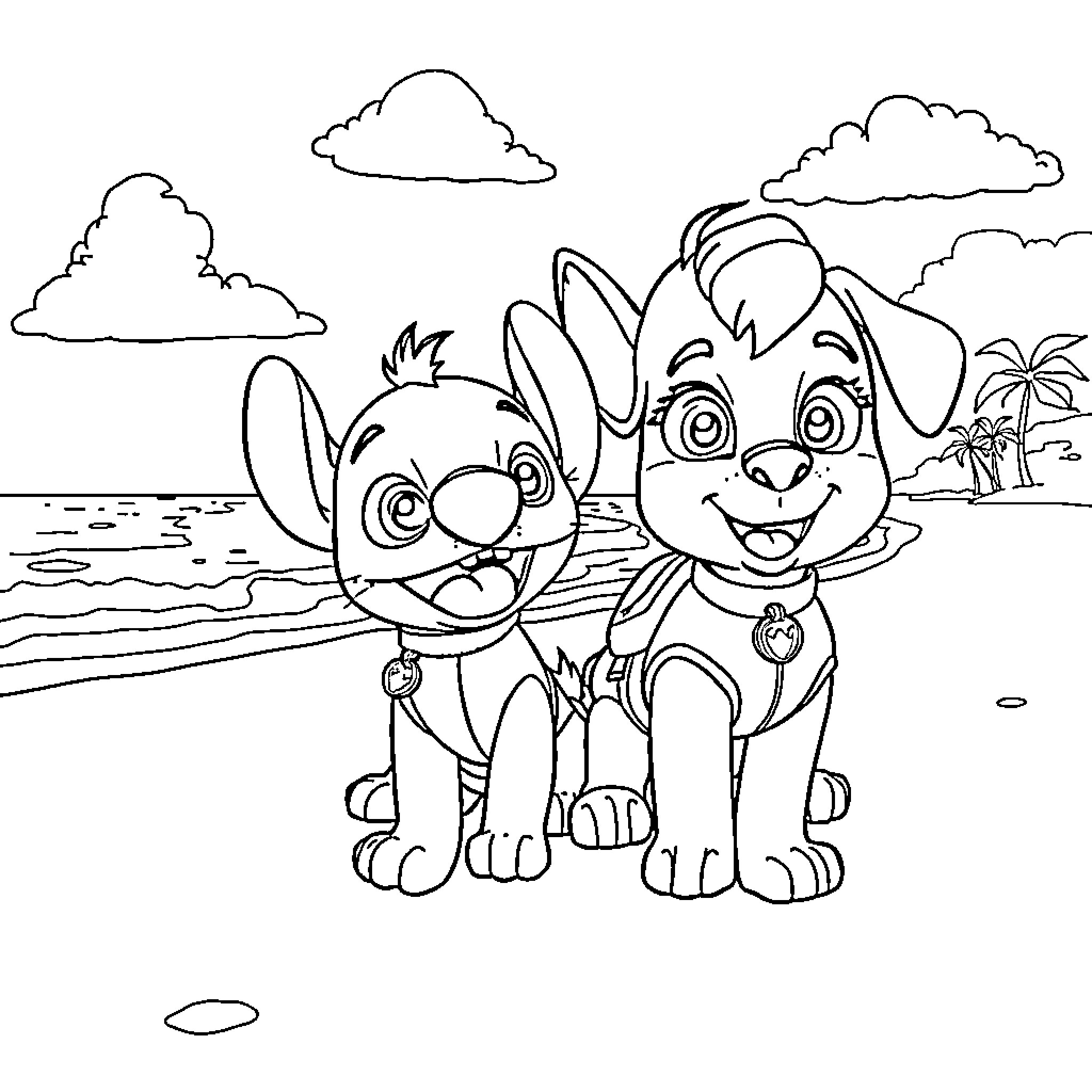 Paw Patrol pups on the beach Coloring Page (free black-and-white line drawing printable PDF for all, from beginners to advanced learners, including children, teens, adults, and seniors)