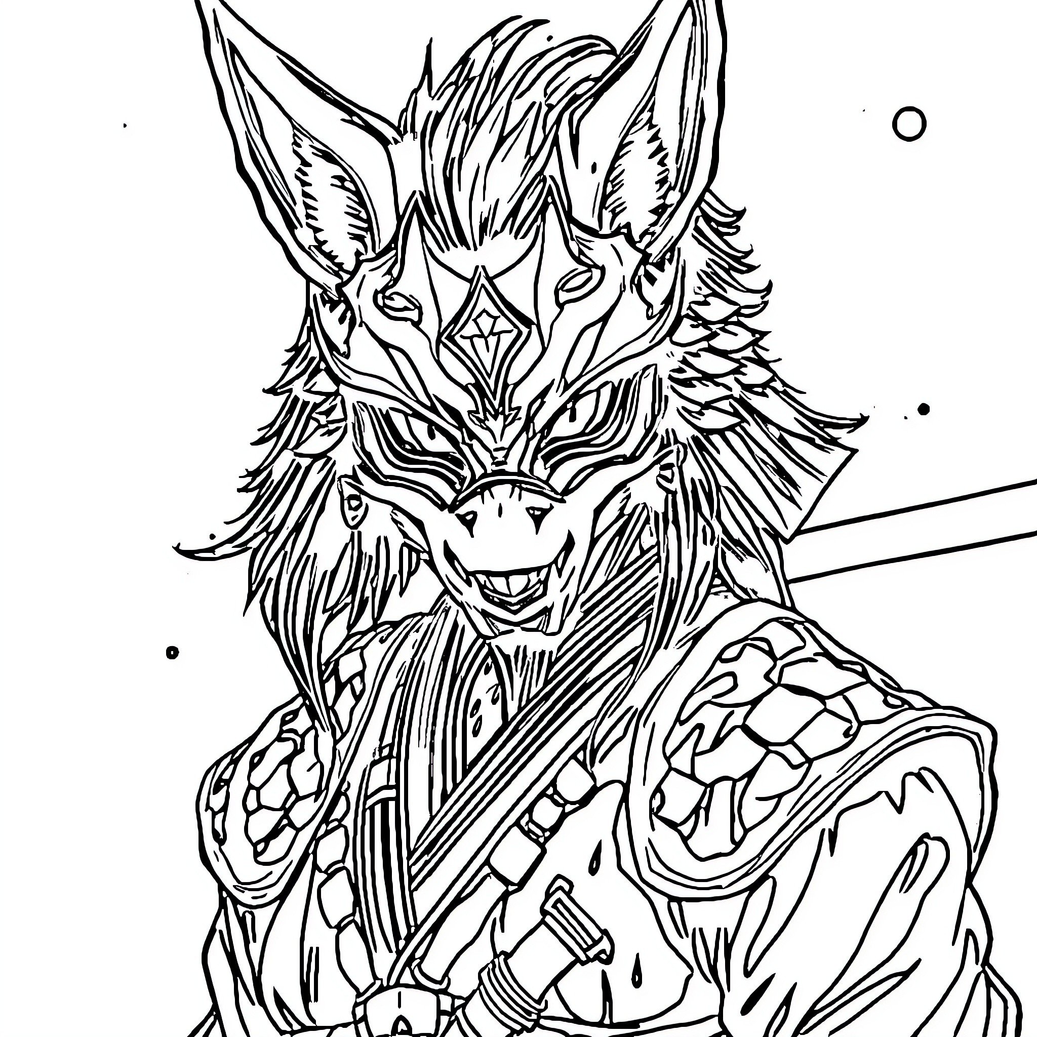 Princess Mononoke - Ferocious wolf spirit guarding the forest Coloring Page (free black-and-white line drawing printable PDF for all, from beginners to advanced learners, including children, teens, adults, and seniors)