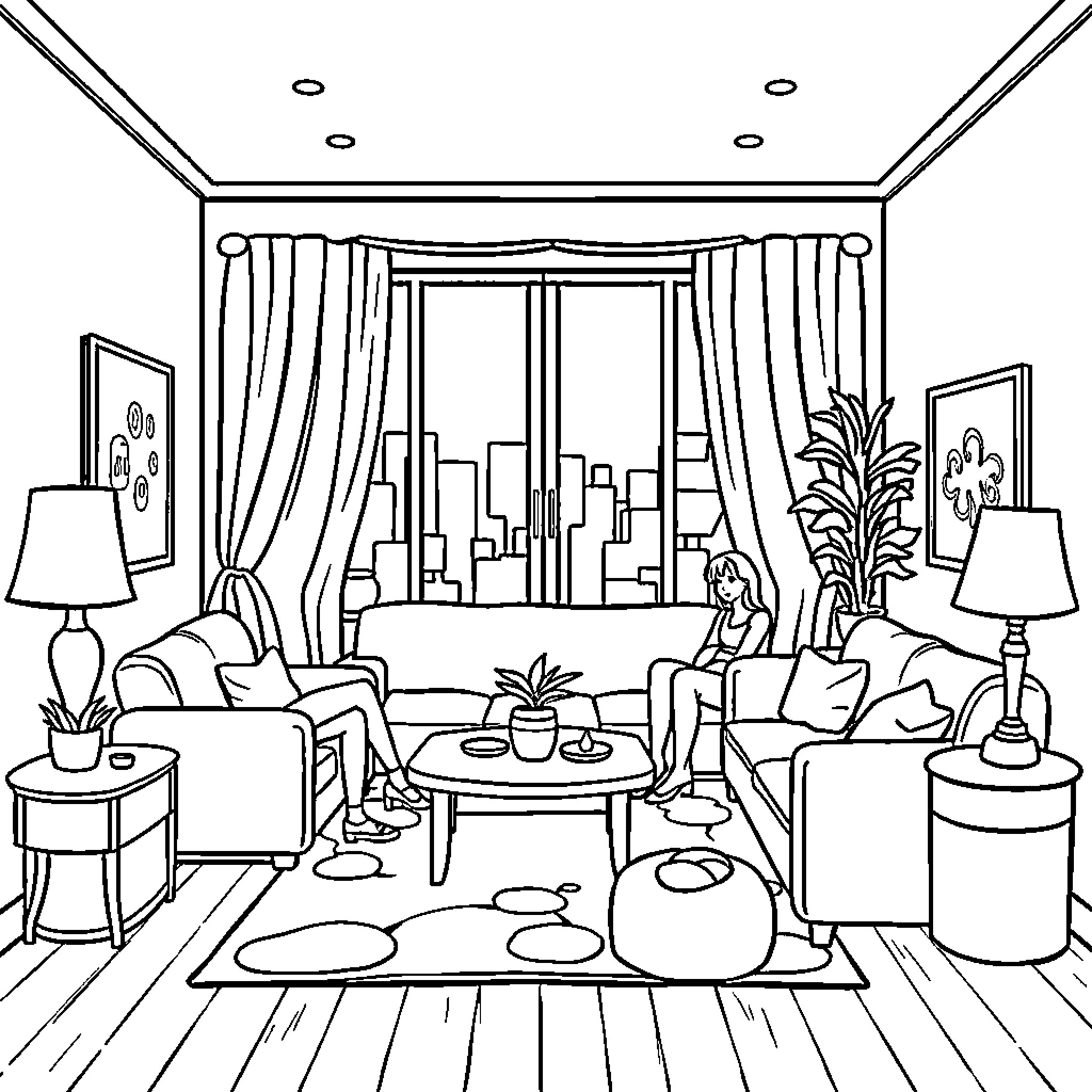 Apartment with city view and relaxing decor Coloring Page (free black-and-white line drawing printable PDF for all, from beginners to advanced learners, including children, teens, adults, and seniors)