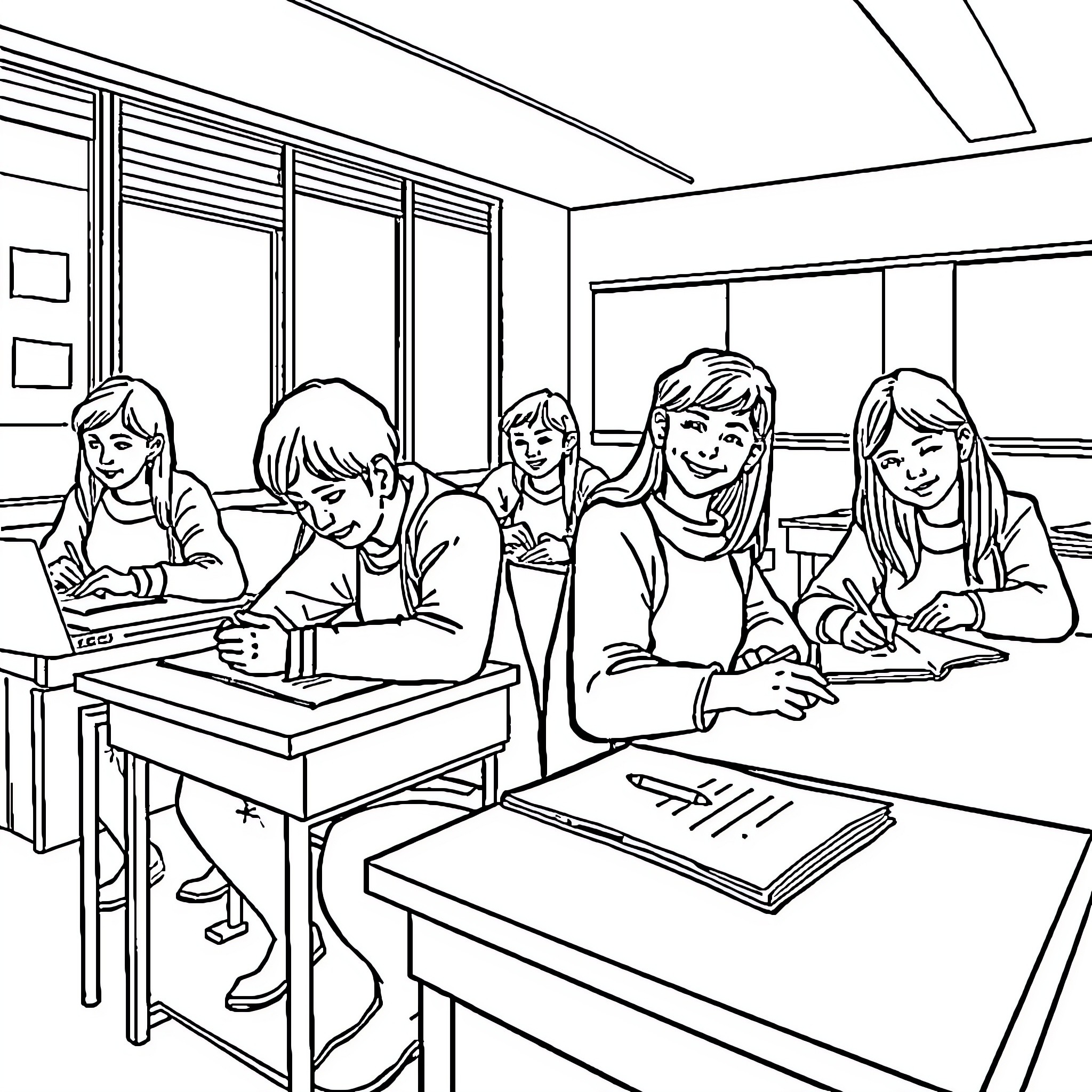 Élève studying diligently in classroom Coloring Page (free black-and-white line drawing printable PDF for all, from beginners to advanced learners, including children, teens, adults, and seniors)