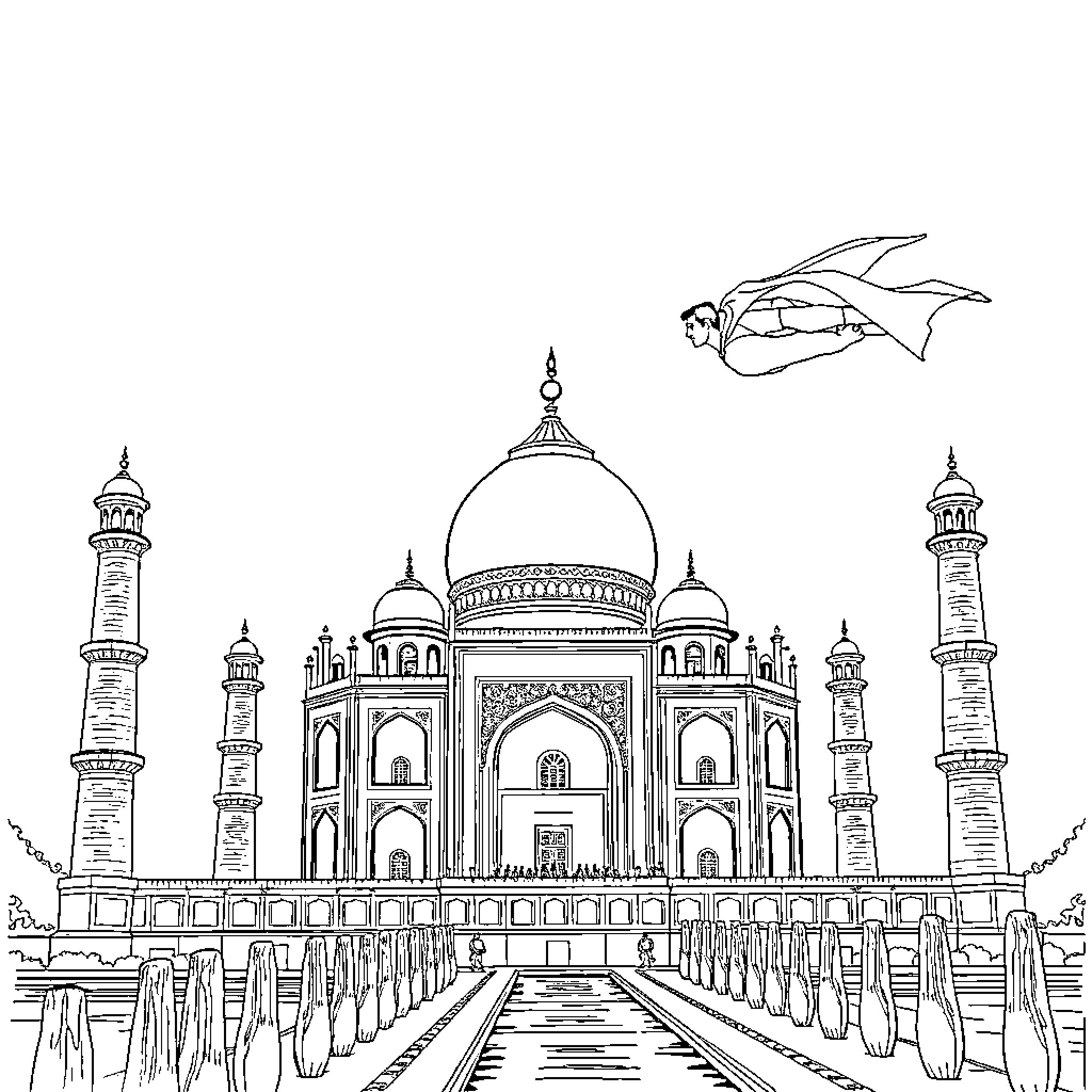 Superman soaring over the majestic Taj Mahal Coloring Page (free black-and-white line drawing printable PDF for all, from beginners to advanced learners, including children, teens, adults, and seniors)