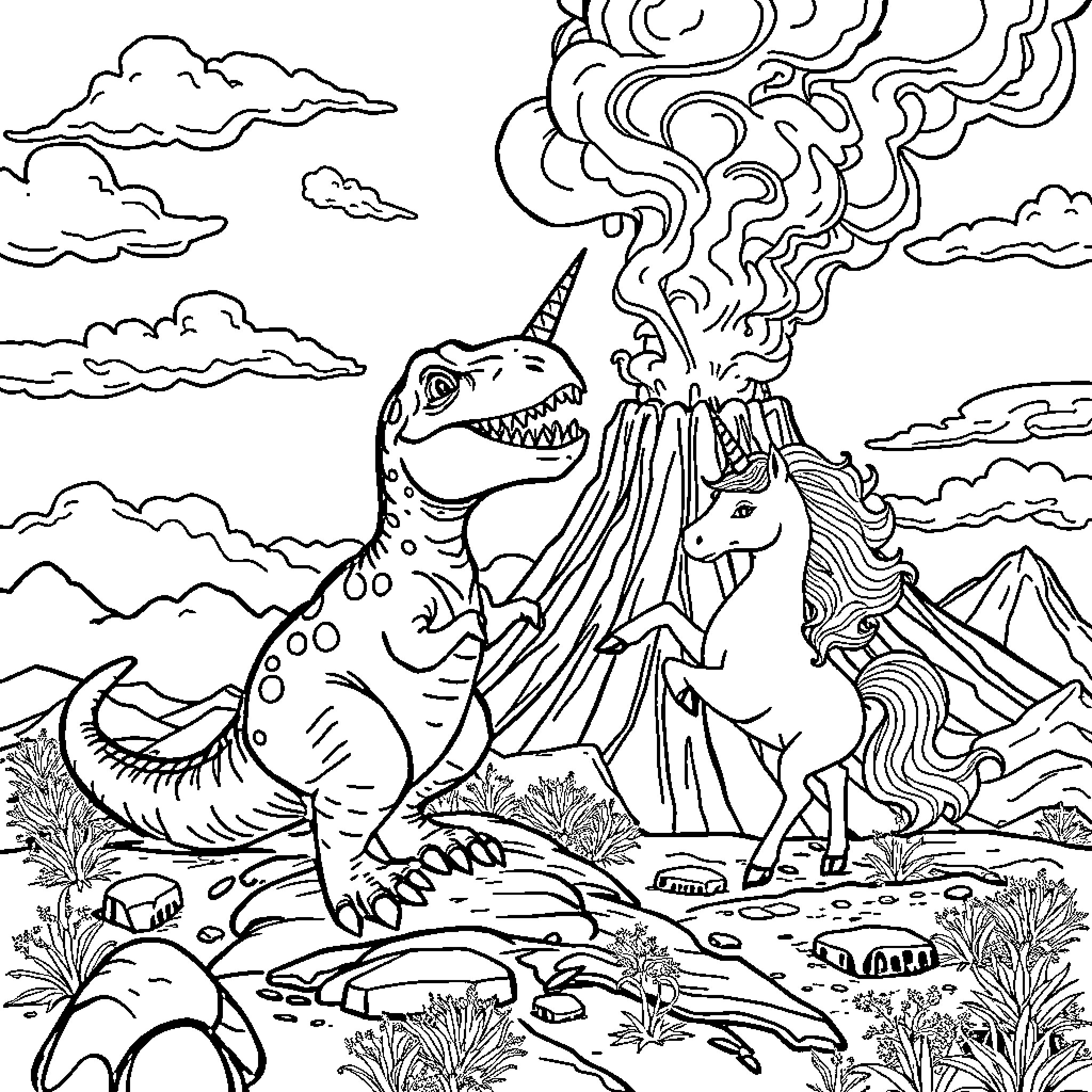 T-Rex battling mythical unicorn in fantastical landscape Coloring Page (free black-and-white line drawing printable PDF for all, from beginners to advanced learners, including children, teens, adults, and seniors)