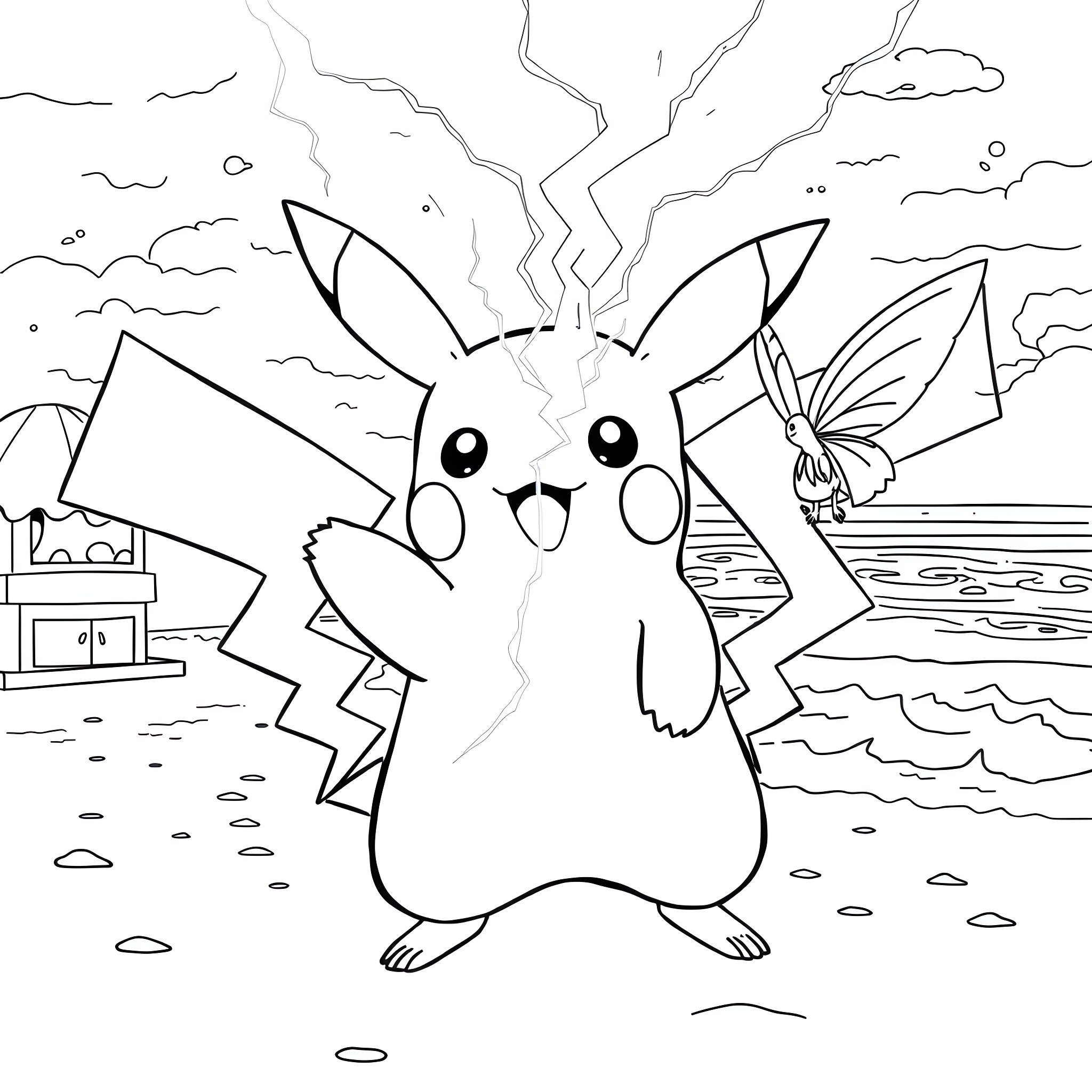 Pikachu unleashing lightning on the beach Coloring Page (free black-and-white line drawing printable PDF for all, from beginners to advanced learners, including children, teens, adults, and seniors)
