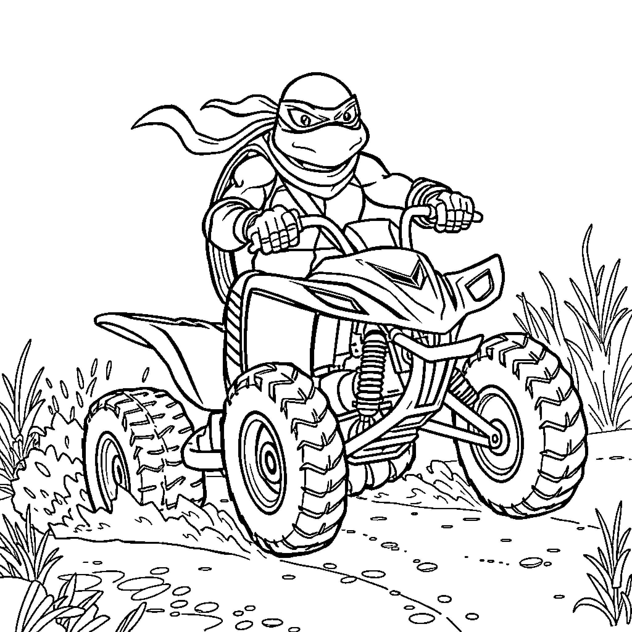 Ninja Turtle riding an ATV through the wilderness Coloring Page (free black-and-white line drawing printable PDF for all, from beginners to advanced learners, including children, teens, adults, and seniors)