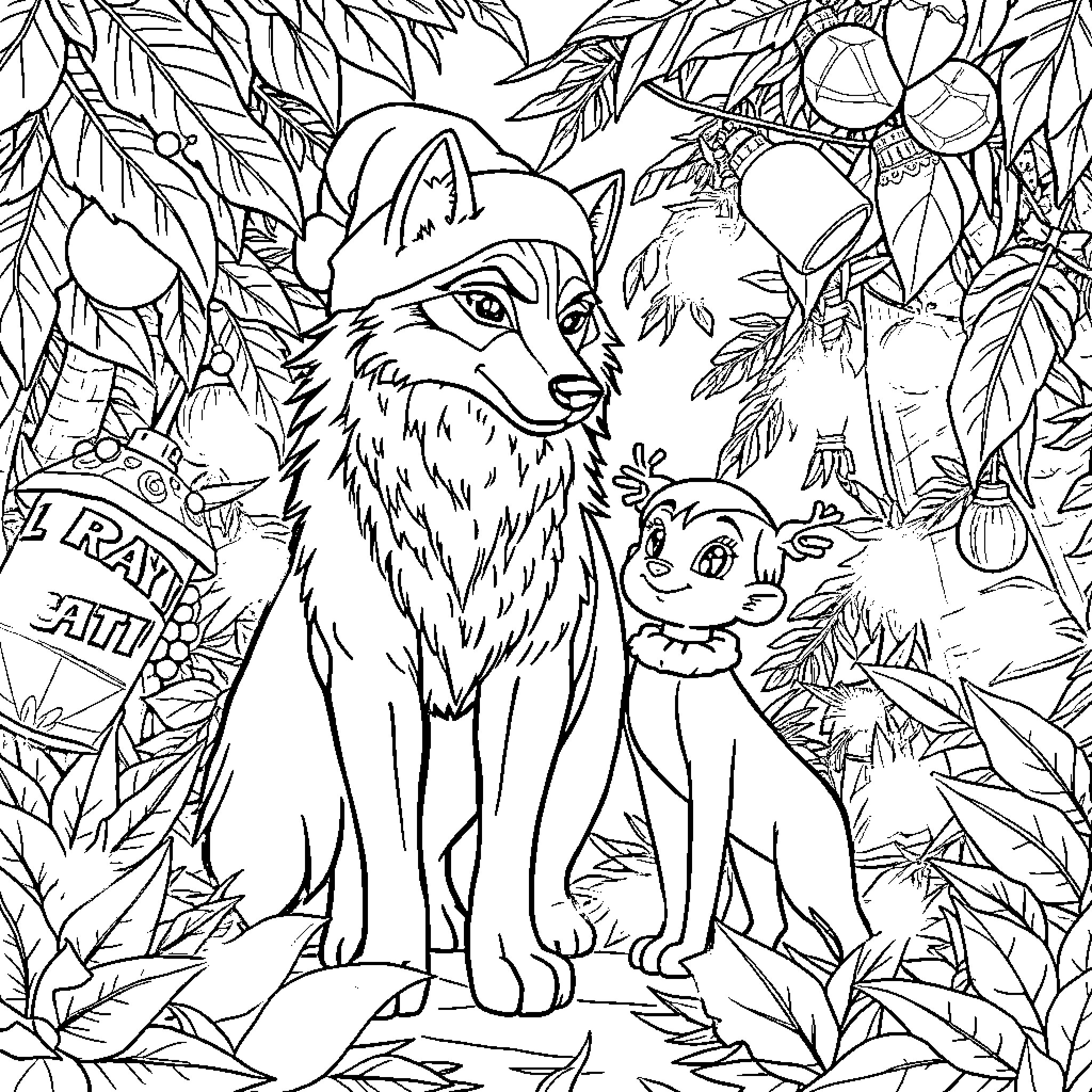 Wolf and Companion in Jungle Coloring Page (free black-and-white line drawing printable PDF for all, from beginners to advanced learners, including children, teens, adults, and seniors)
