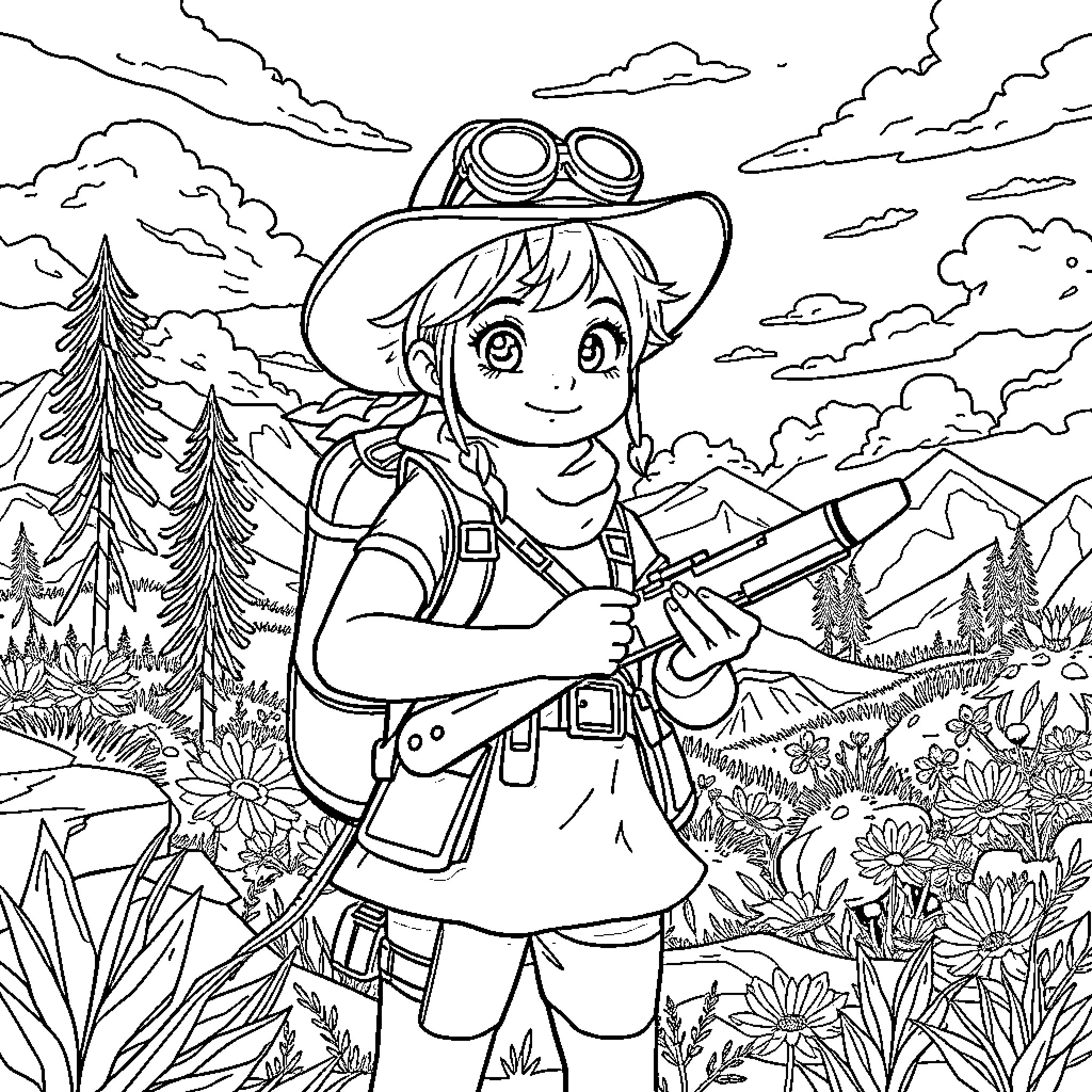 Zoë's Adventurous Exploration in the Wild Outdoors Coloring Page (free black-and-white line drawing printable PDF for all, from beginners to advanced learners, including children, teens, adults, and seniors)