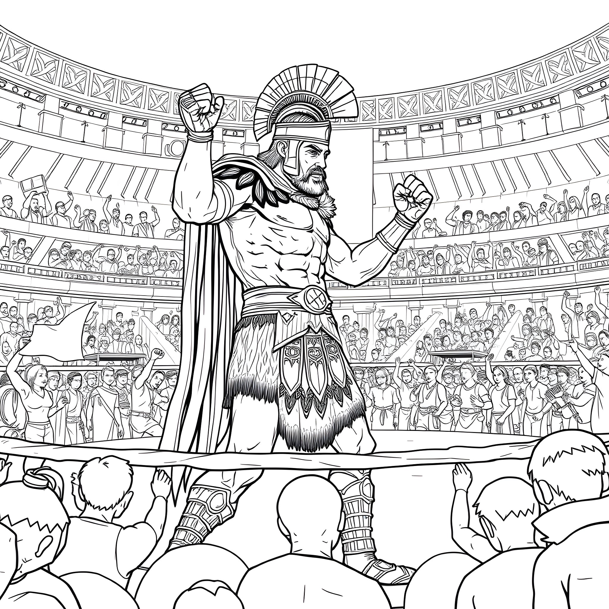King Leonidas Leading Spartans in Epic Battle Coloring Page (free black-and-white line drawing printable PDF for all, from beginners to advanced learners, including children, teens, adults, and seniors)