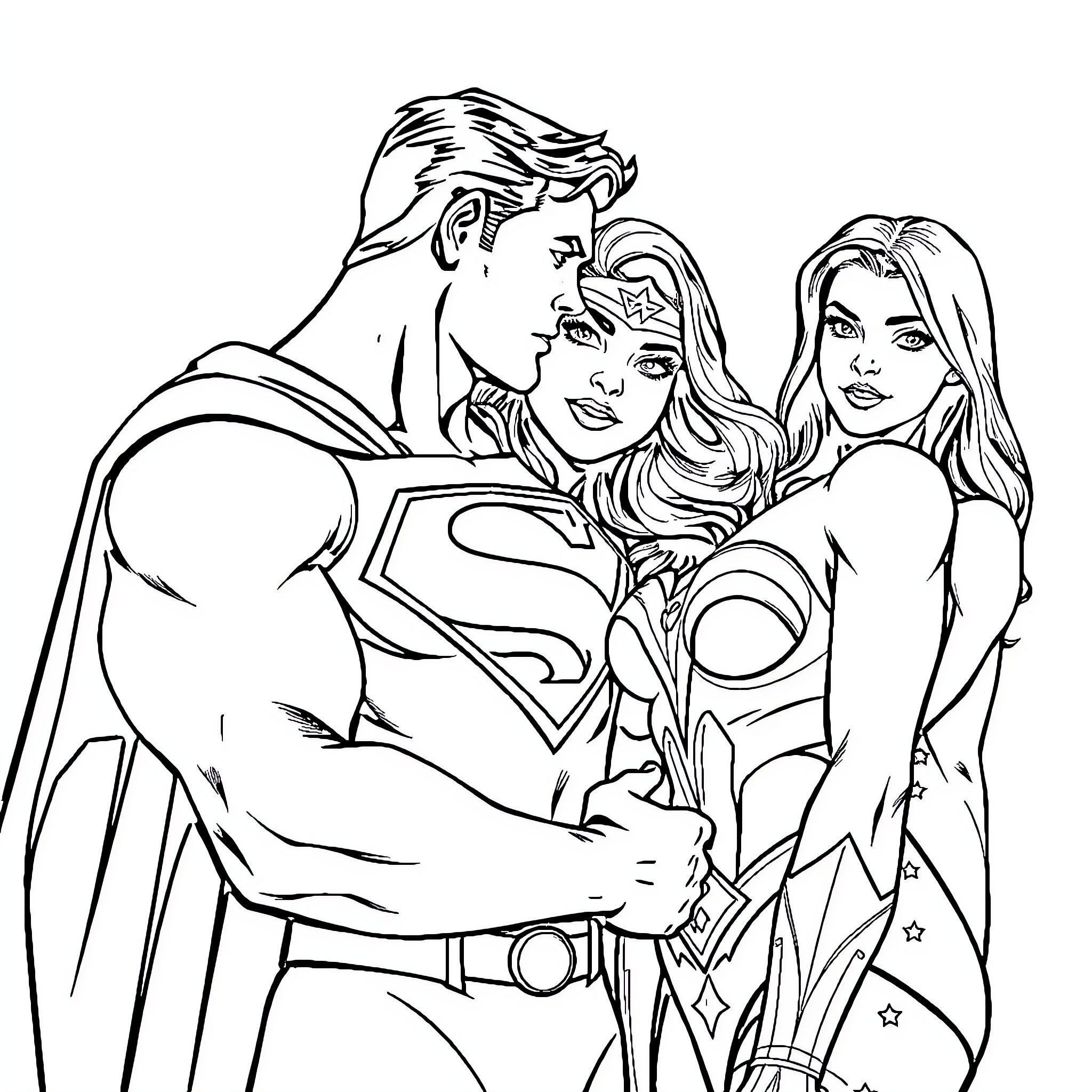 Superman and Wonder Woman in heroic embrace Coloring Page (free black-and-white line drawing printable PDF for all, from beginners to advanced learners, including children, teens, adults, and seniors)