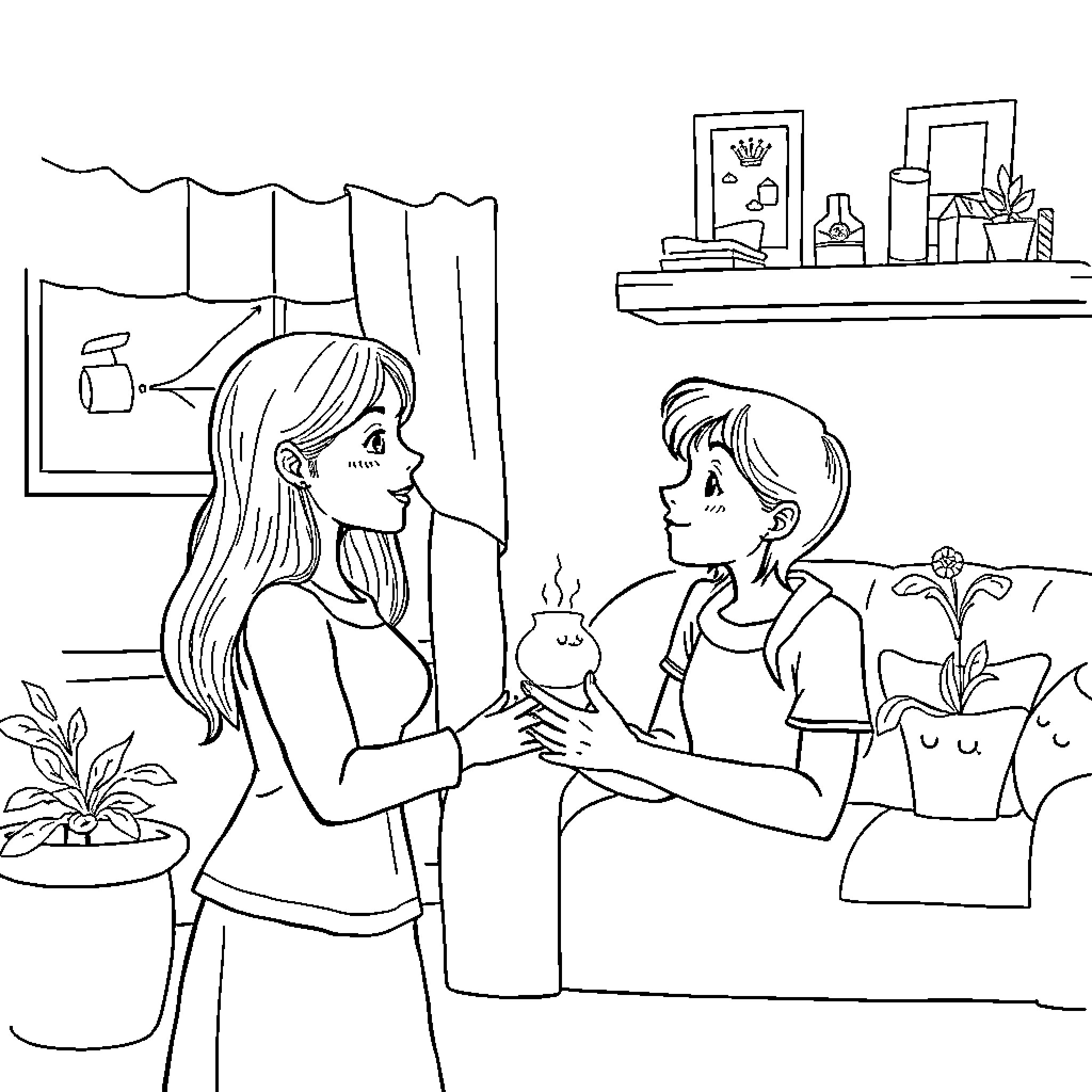 Evelyn helping a young friend with a craft project Coloring Page (free black-and-white line drawing printable PDF for all, from beginners to advanced learners, including children, teens, adults, and seniors)