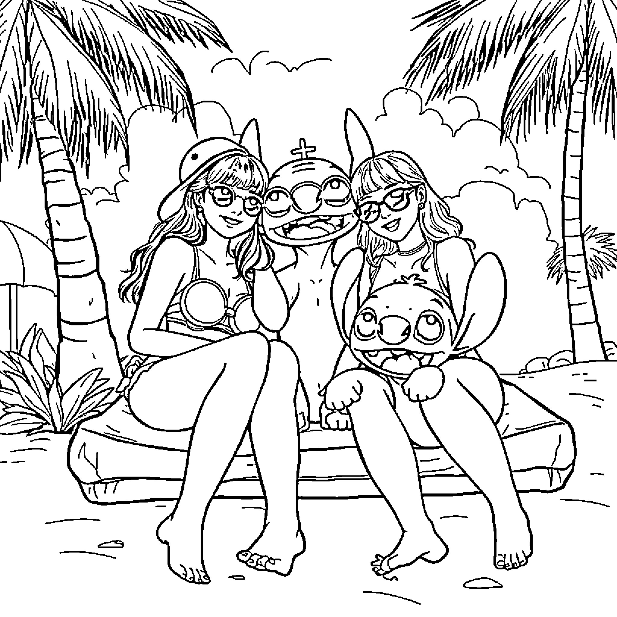 Guerrera and her alien friends on a tropical beach Coloring Page (free black-and-white line drawing printable PDF for all, from beginners to advanced learners, including children, teens, adults, and seniors)