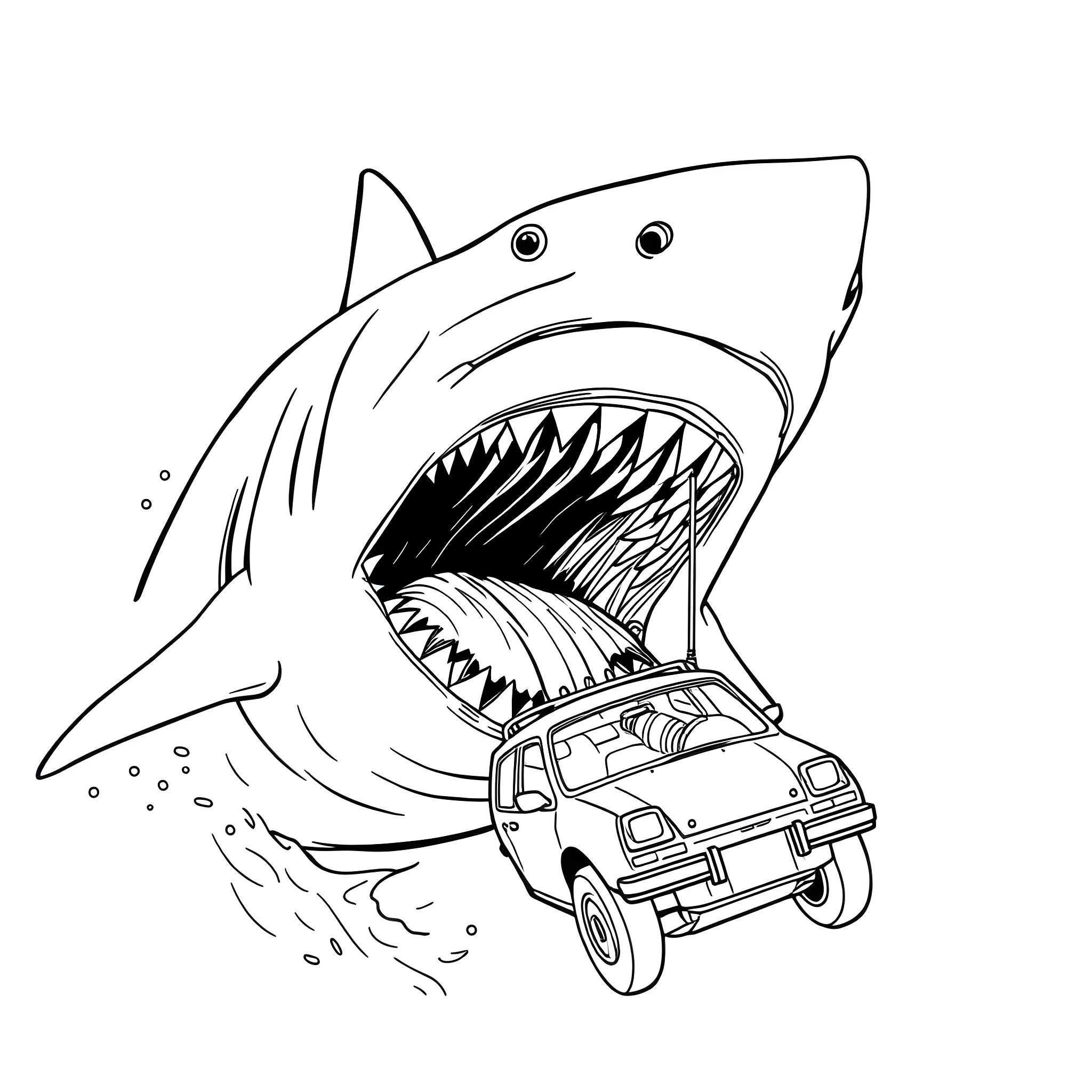 Shark swallowing car whole Coloring Page (free black-and-white line drawing printable PDF for all, from beginners to advanced learners, including children, teens, adults, and seniors)
