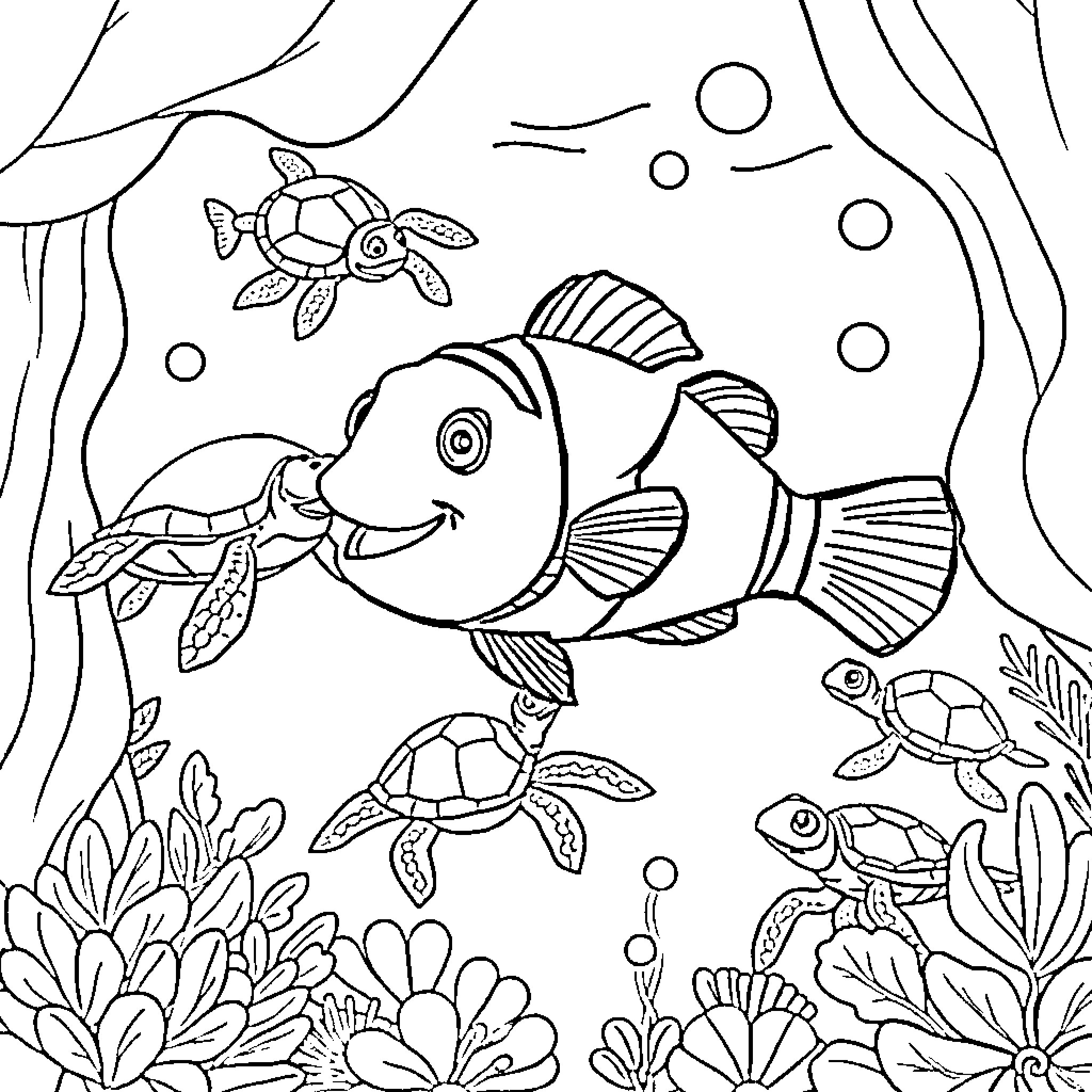 Nemo and his undersea friends in the coral reef Coloring Page (free black-and-white line drawing printable PDF for all, from beginners to advanced learners, including children, teens, adults, and seniors)