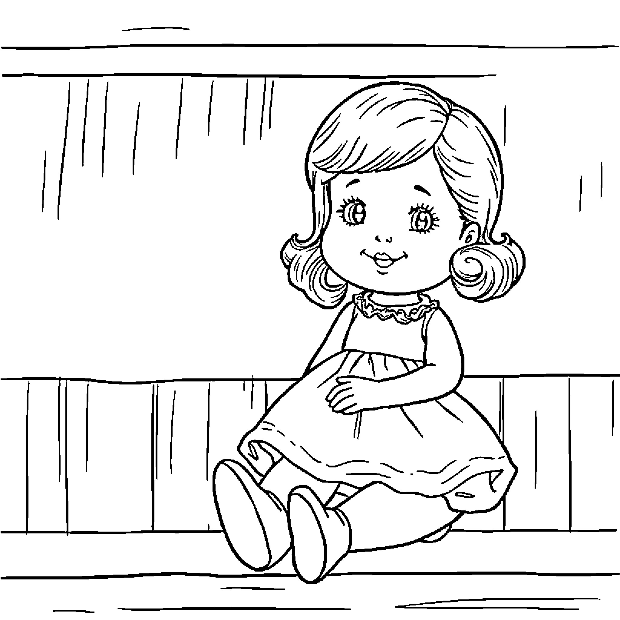 Doll sitting on the floor with a friendly expression Coloring Page (free black-and-white line drawing printable PDF for all, from beginners to advanced learners, including children, teens, adults, and seniors)