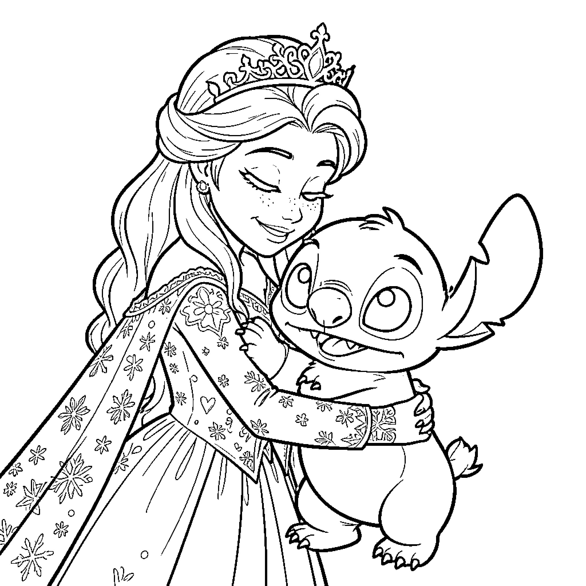 Queen smiling while hugging a cute creature Coloring Page (free black-and-white line drawing printable PDF for all, from beginners to advanced learners, including children, teens, adults, and seniors)