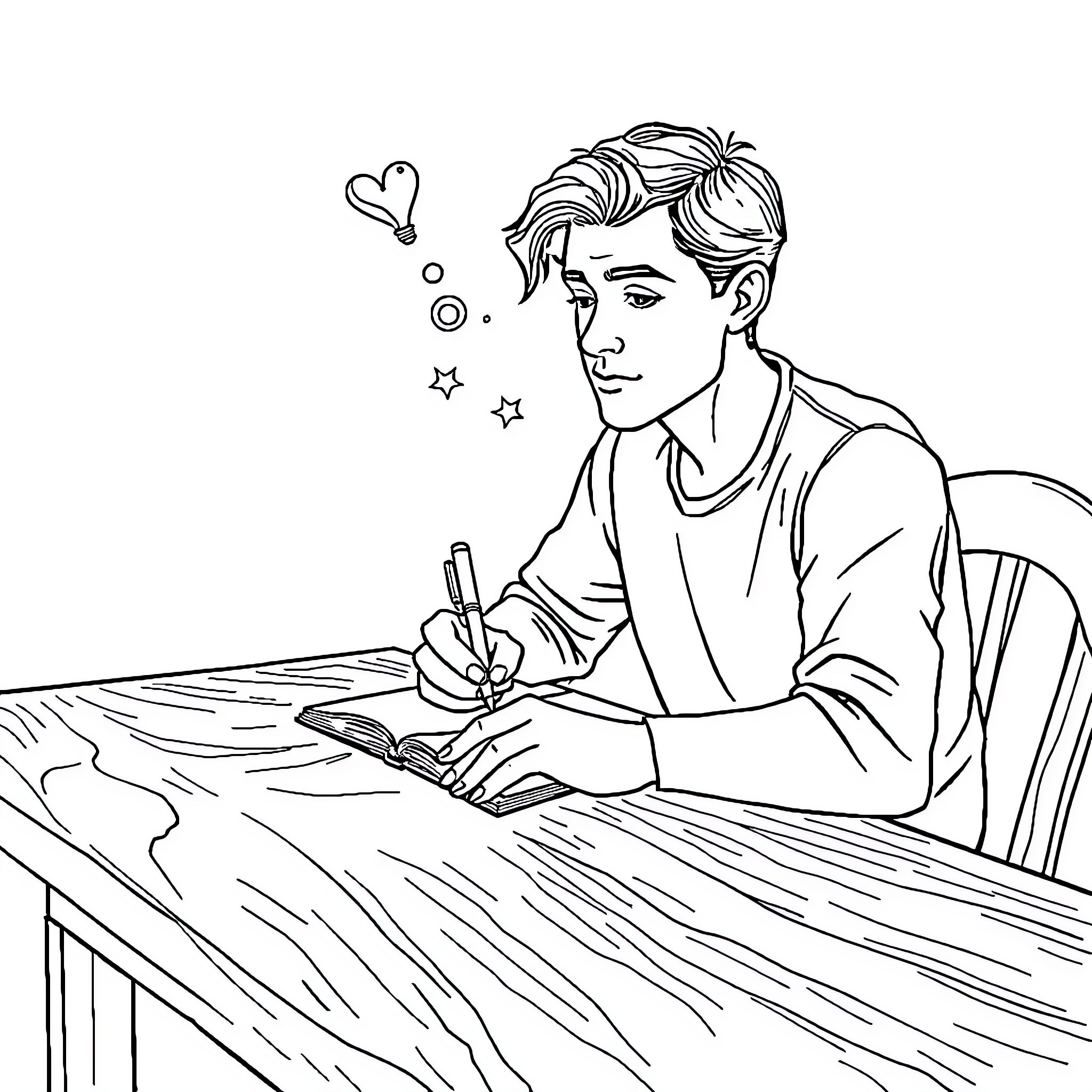 Person engrossed in writing at a desk Coloring Page (free black-and-white line drawing printable PDF for all, from beginners to advanced learners, including children, teens, adults, and seniors)