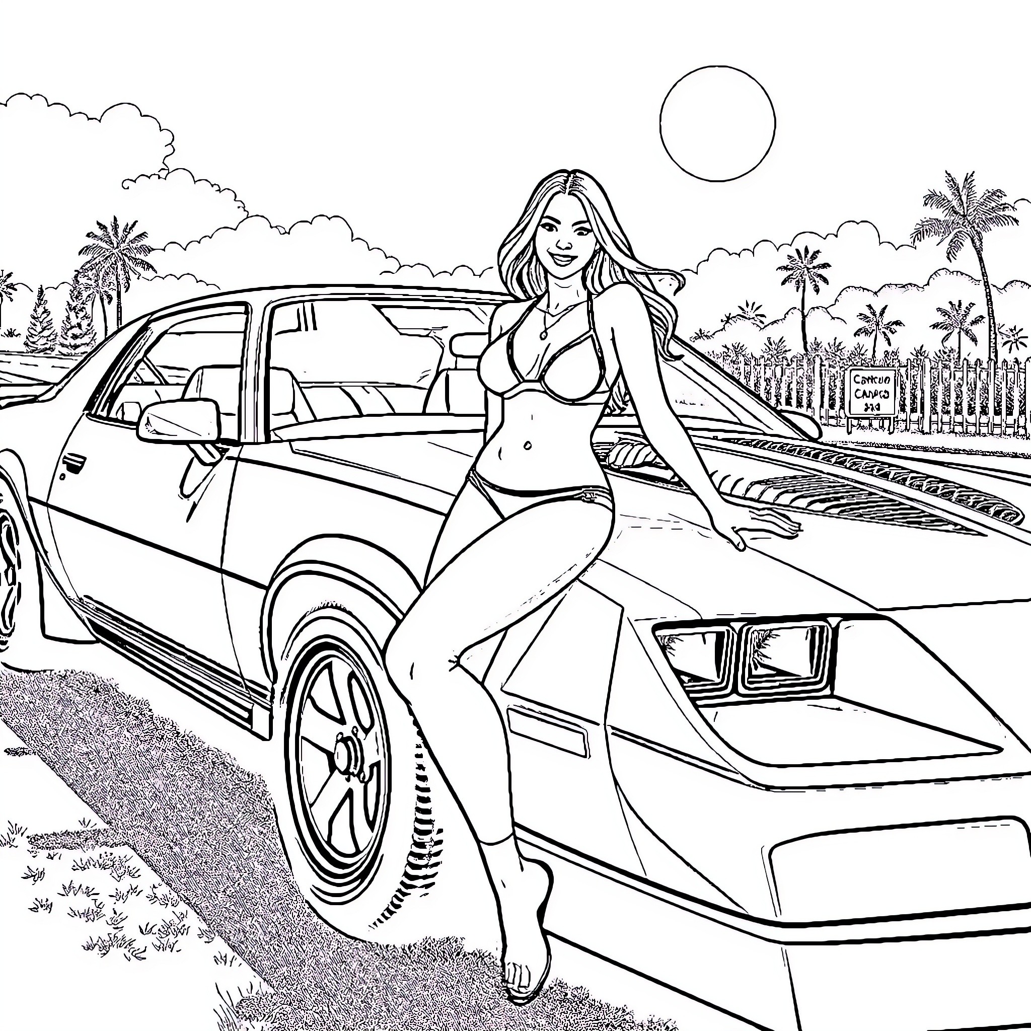 Camaro with beach-goer enjoying tropical scenery Coloring Page (free black-and-white line drawing printable PDF for all, from beginners to advanced learners, including children, teens, adults, and seniors)