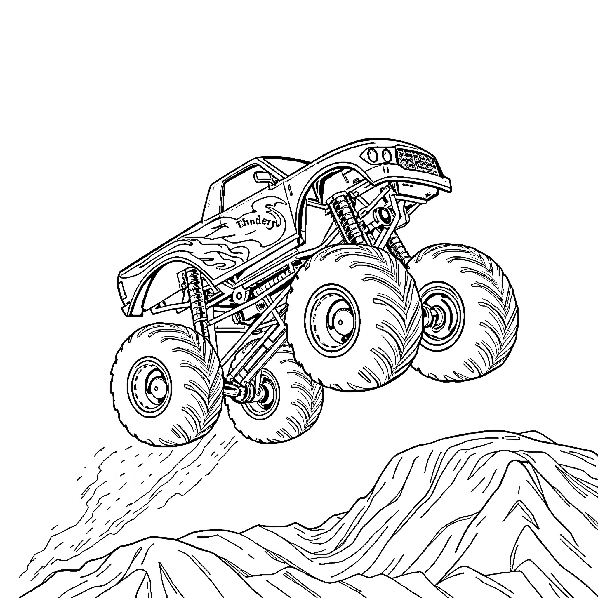Truck climbing over rugged terrain Coloring Page (free black-and-white line drawing printable PDF for all, from beginners to advanced learners, including children, teens, adults, and seniors)