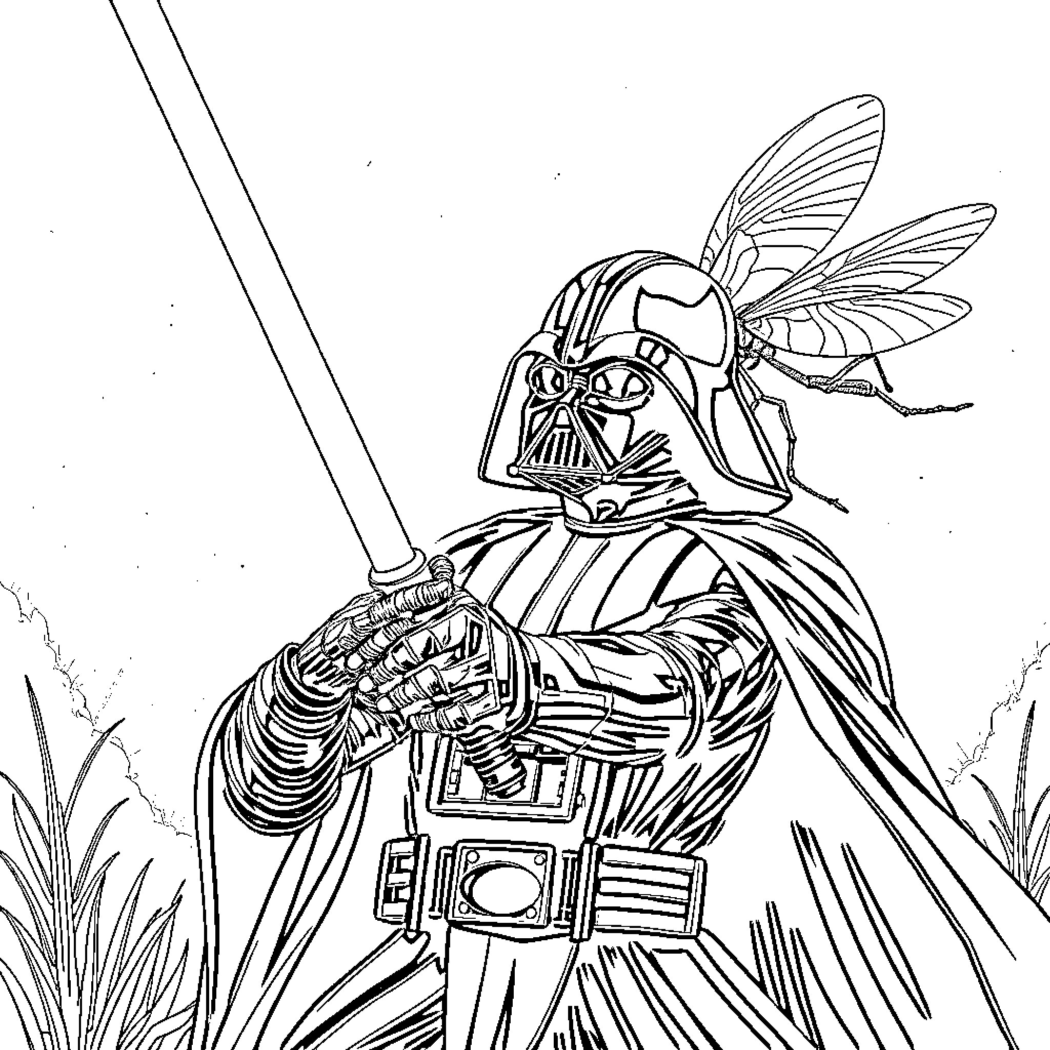 Darth Vader in an unusual insect-like outfit wielding a lightsaber Coloring Page (free black-and-white line drawing printable PDF for all, from beginners to advanced learners, including children, teens, adults, and seniors)