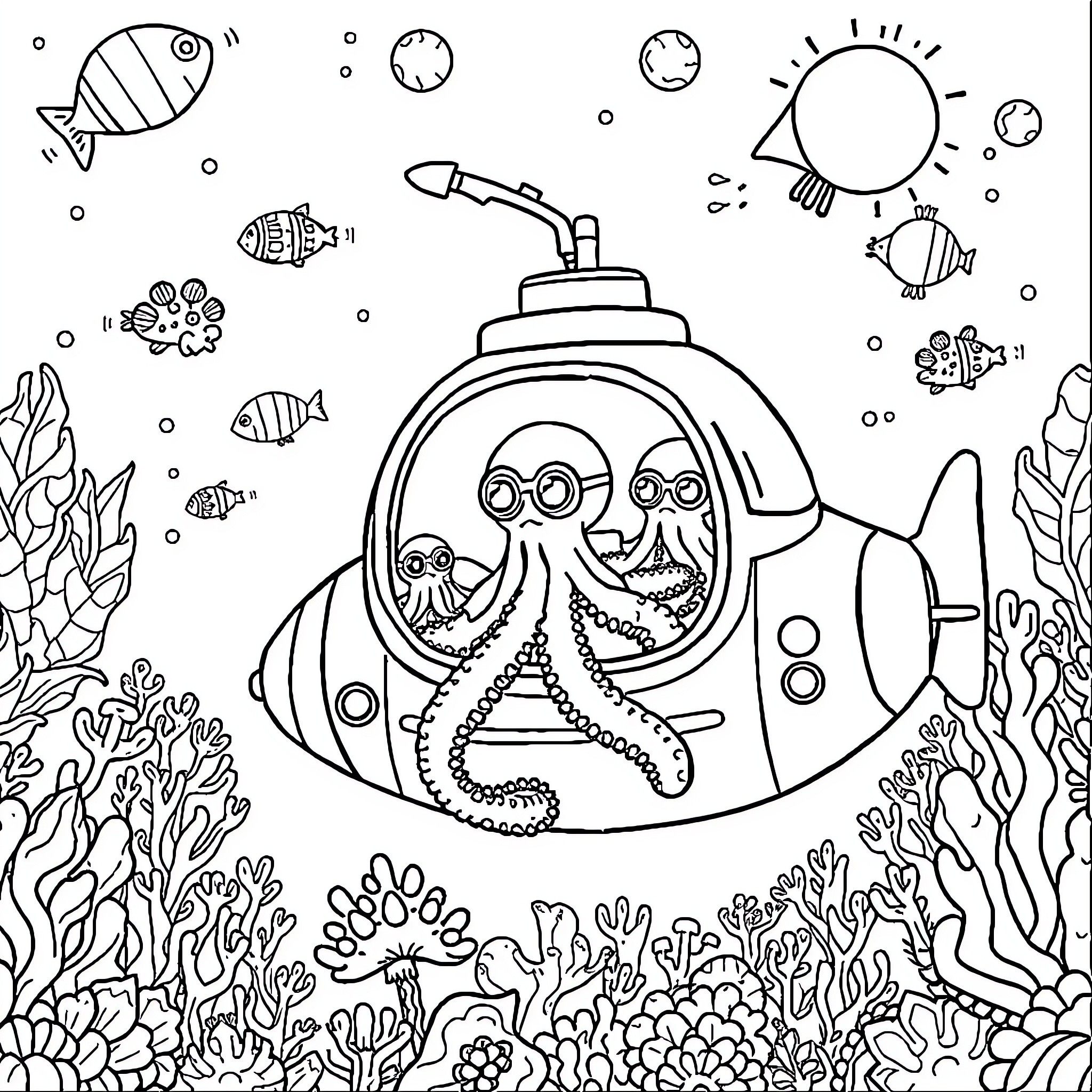 Octonauts Exploring the Underwater World Coloring Page (free black-and-white line drawing printable PDF for all, from beginners to advanced learners, including children, teens, adults, and seniors)