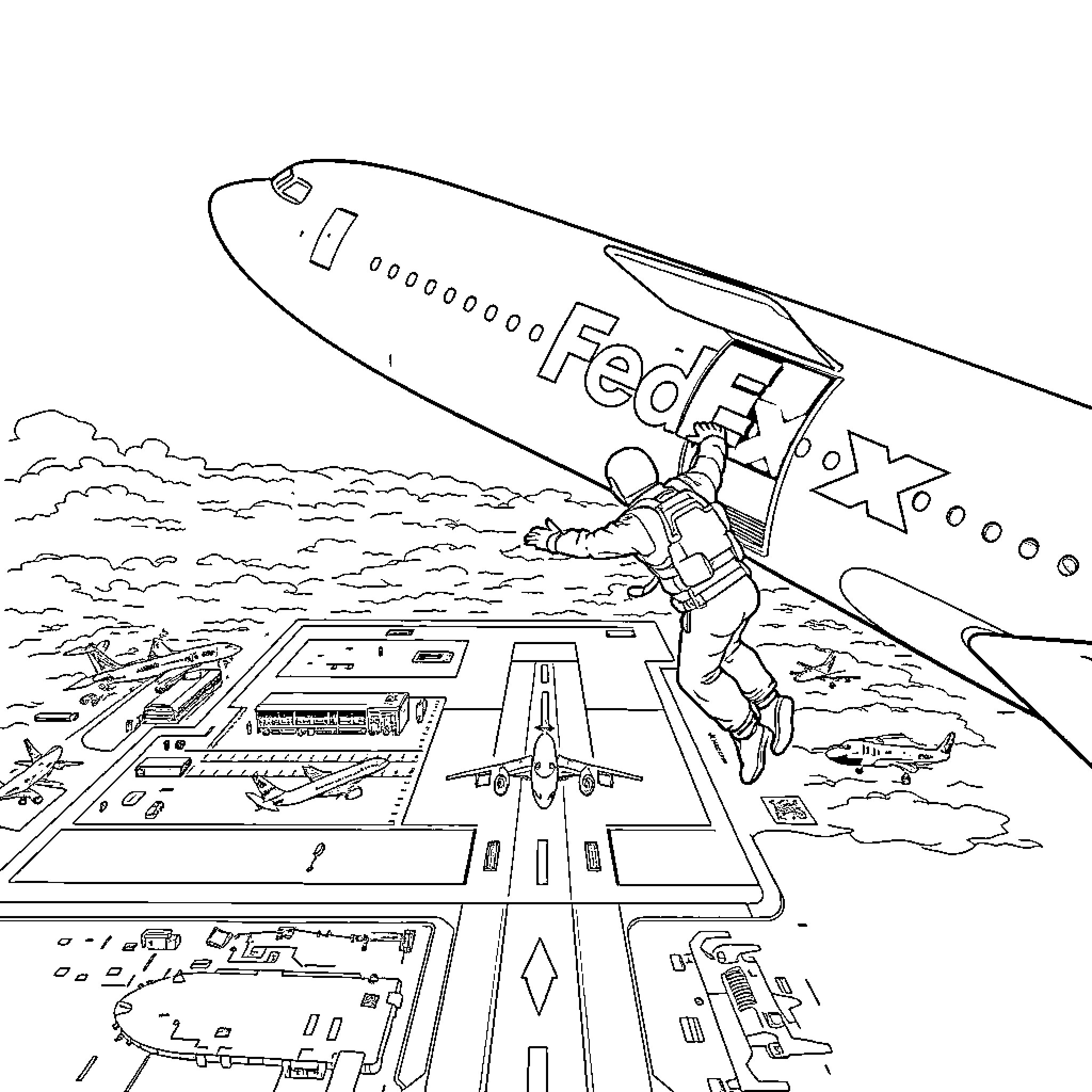Guy getting ready to board a large commercial airplane Coloring Page (free black-and-white line drawing printable PDF for all, from beginners to advanced learners, including children, teens, adults, and seniors)