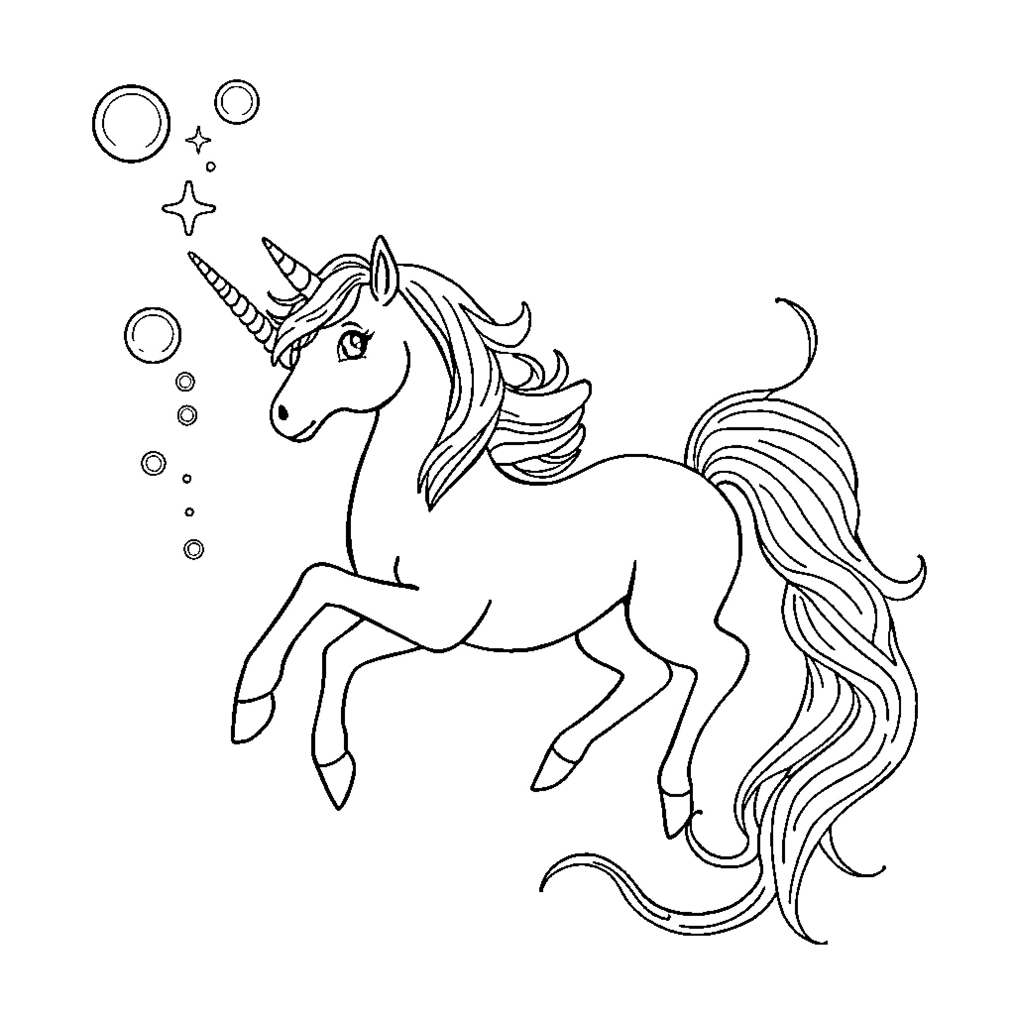 Unicorn prancing among whimsical shapes Coloring Page (free black-and-white line drawing printable PDF for all, from beginners to advanced learners, including children, teens, adults, and seniors)