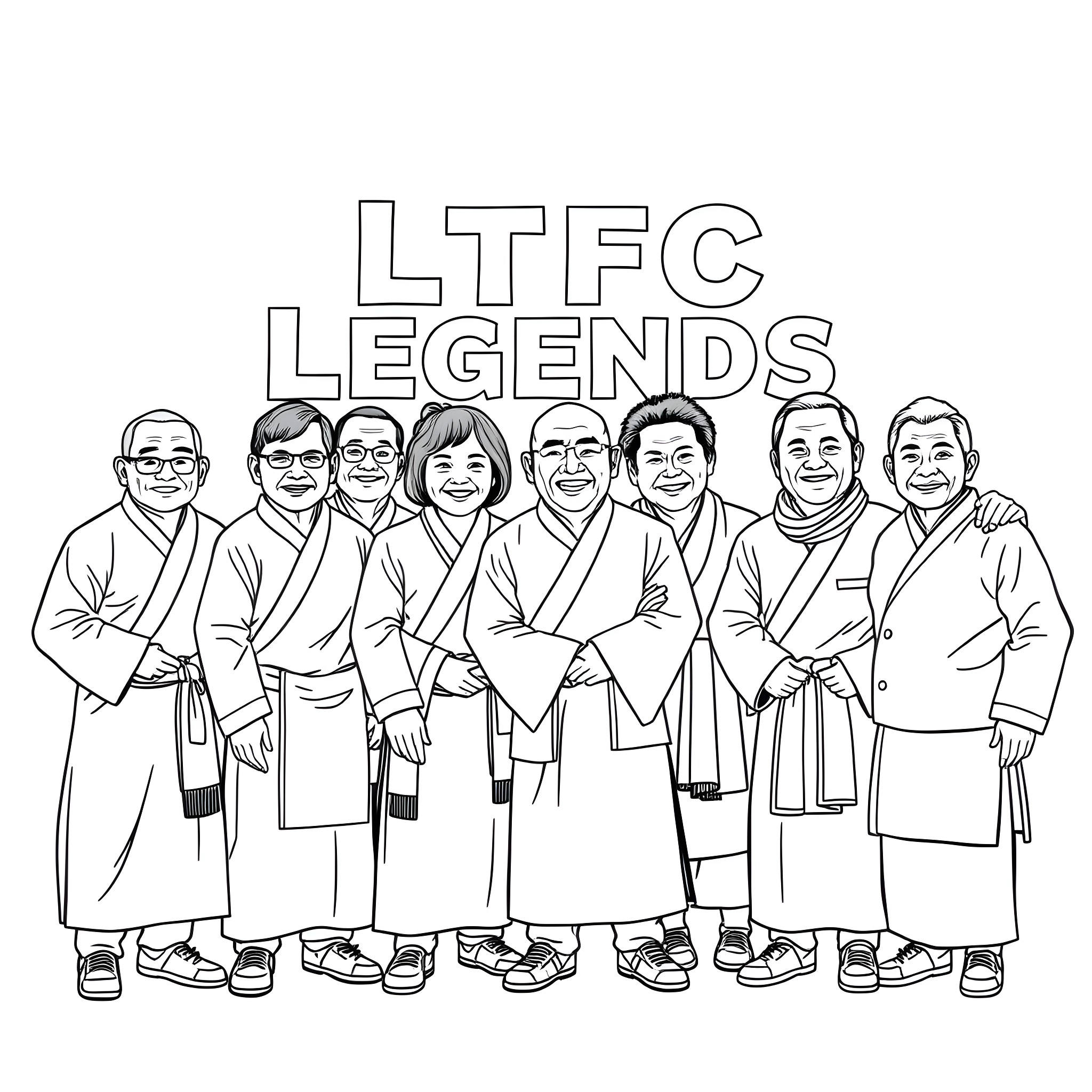 Tibetan Martial Arts Masters Posing Together Coloring Page (free black-and-white line drawing printable PDF for all, from beginners to advanced learners, including children, teens, adults, and seniors)