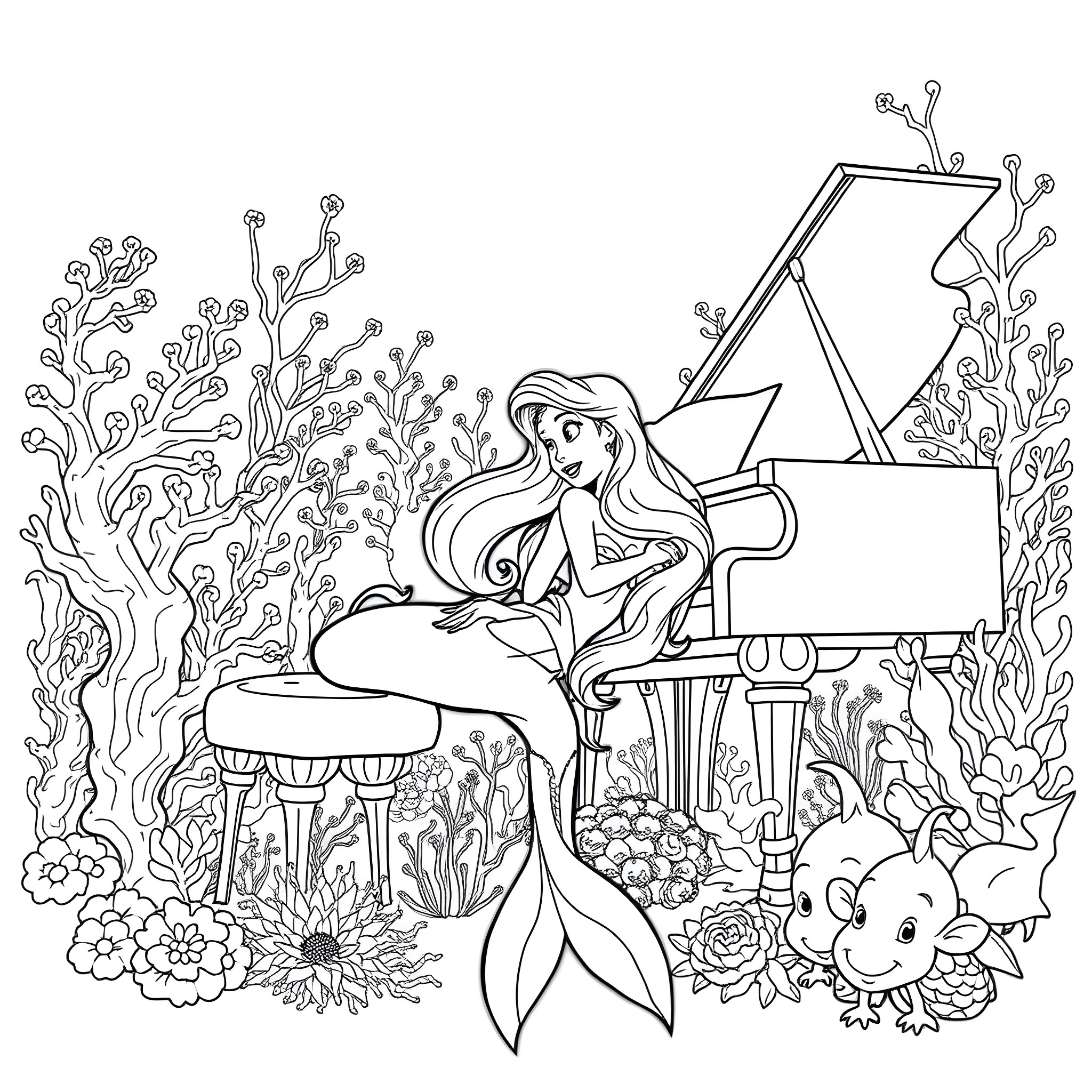 Ariel playing the piano in an underwater garden Coloring Page (free black-and-white line drawing printable PDF for all, from beginners to advanced learners, including children, teens, adults, and seniors)