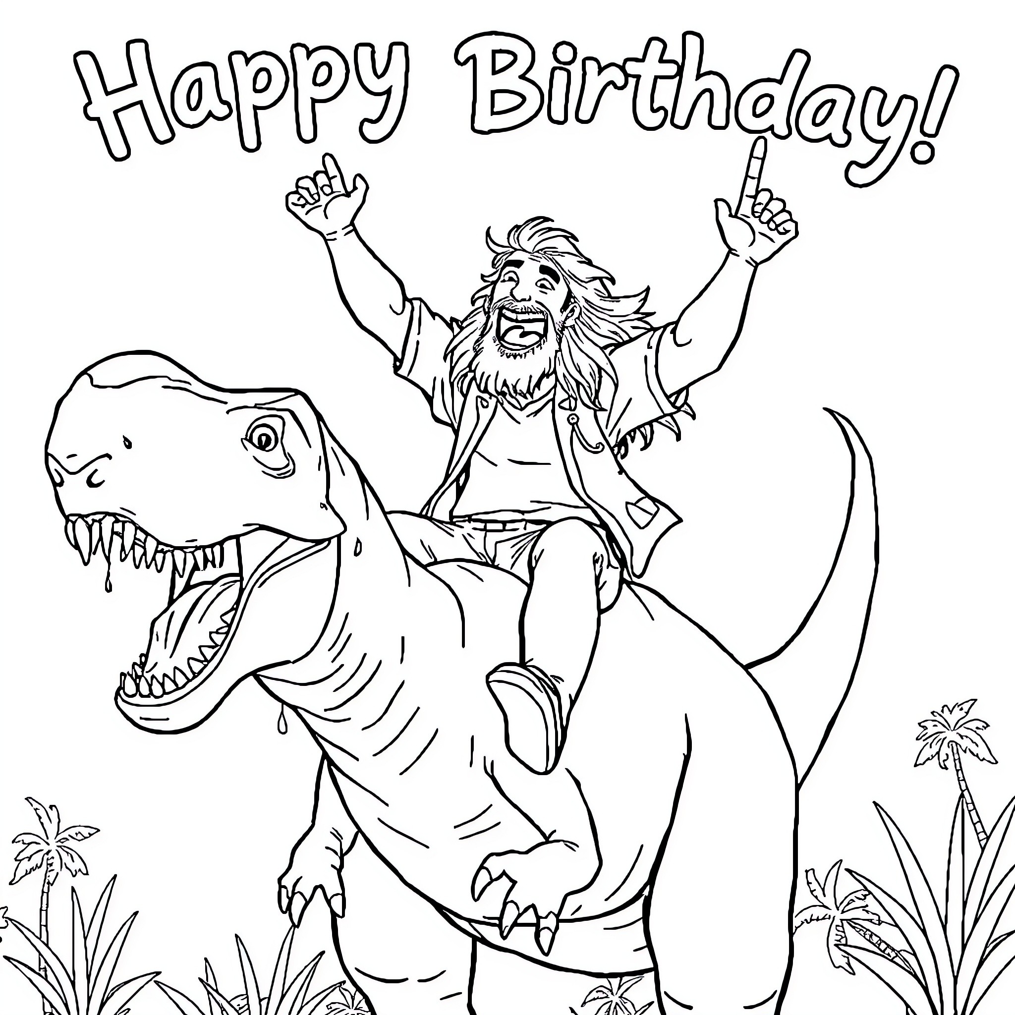 Man riding a dinosaur and celebrating his birthday Coloring Page (free black-and-white line drawing printable PDF for all, from beginners to advanced learners, including children, teens, adults, and seniors)