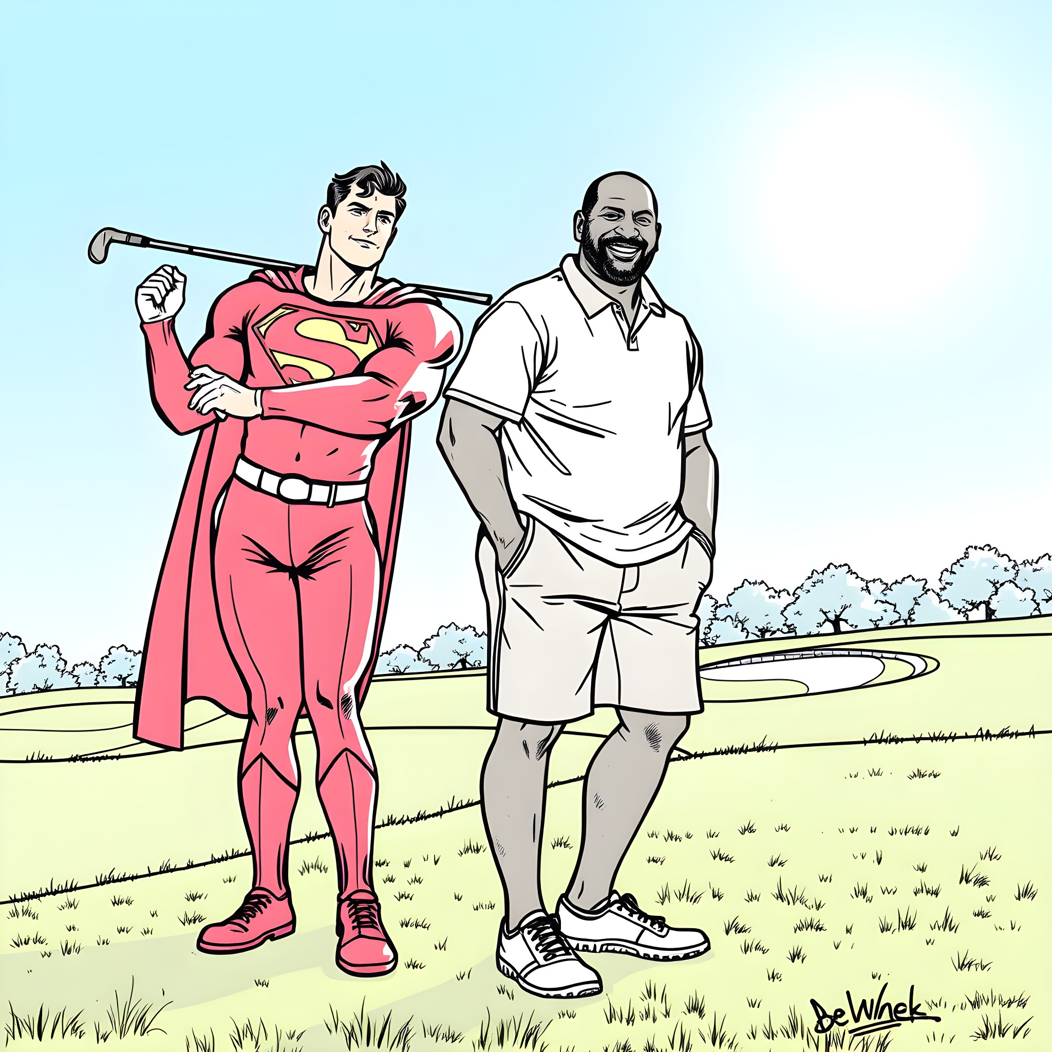 Superman and friend explore the outdoors Coloring Page (free black-and-white line drawing printable PDF for all, from beginners to advanced learners, including children, teens, adults, and seniors)