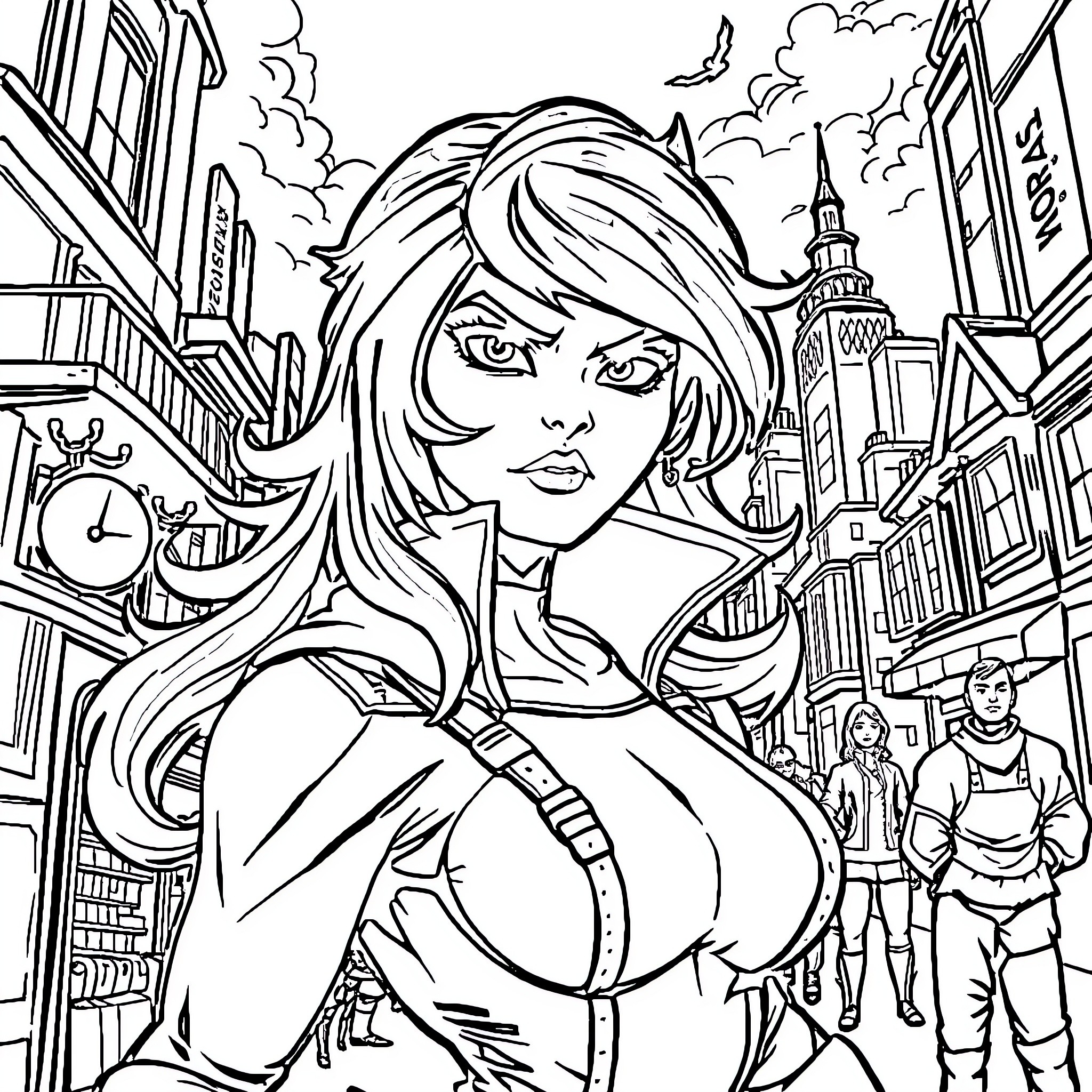 Vigilant Heroine in Bustling City Coloring Page (free black-and-white line drawing printable PDF for all, from beginners to advanced learners, including children, teens, adults, and seniors)