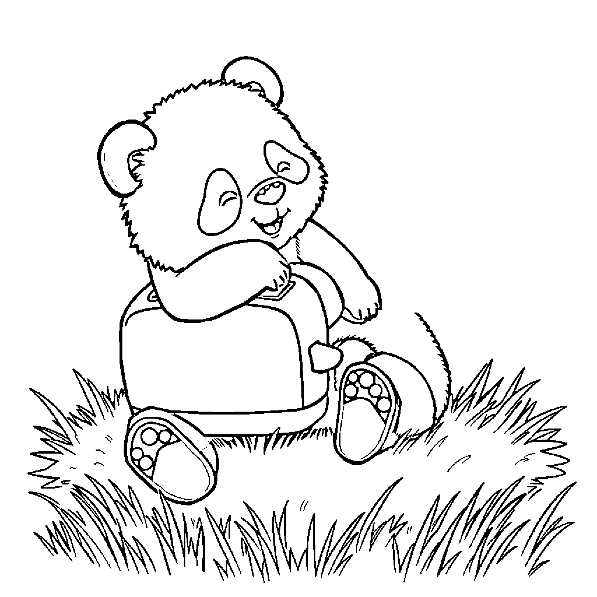 Panda lounging contentedly in the grass Coloring Page (free black-and-white line drawing printable PDF for all, from beginners to advanced learners, including children, teens, adults, and seniors)