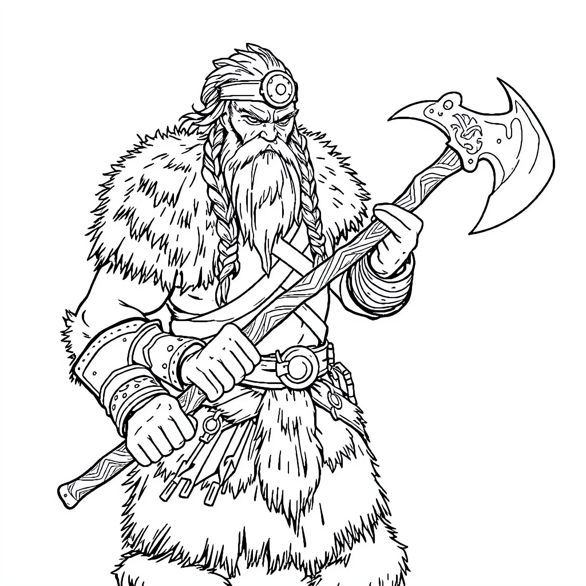 Viking warrior with battle axe in fierce pose Coloring Page (free black-and-white line drawing printable PDF for all, from beginners to advanced learners, including children, teens, adults, and seniors)