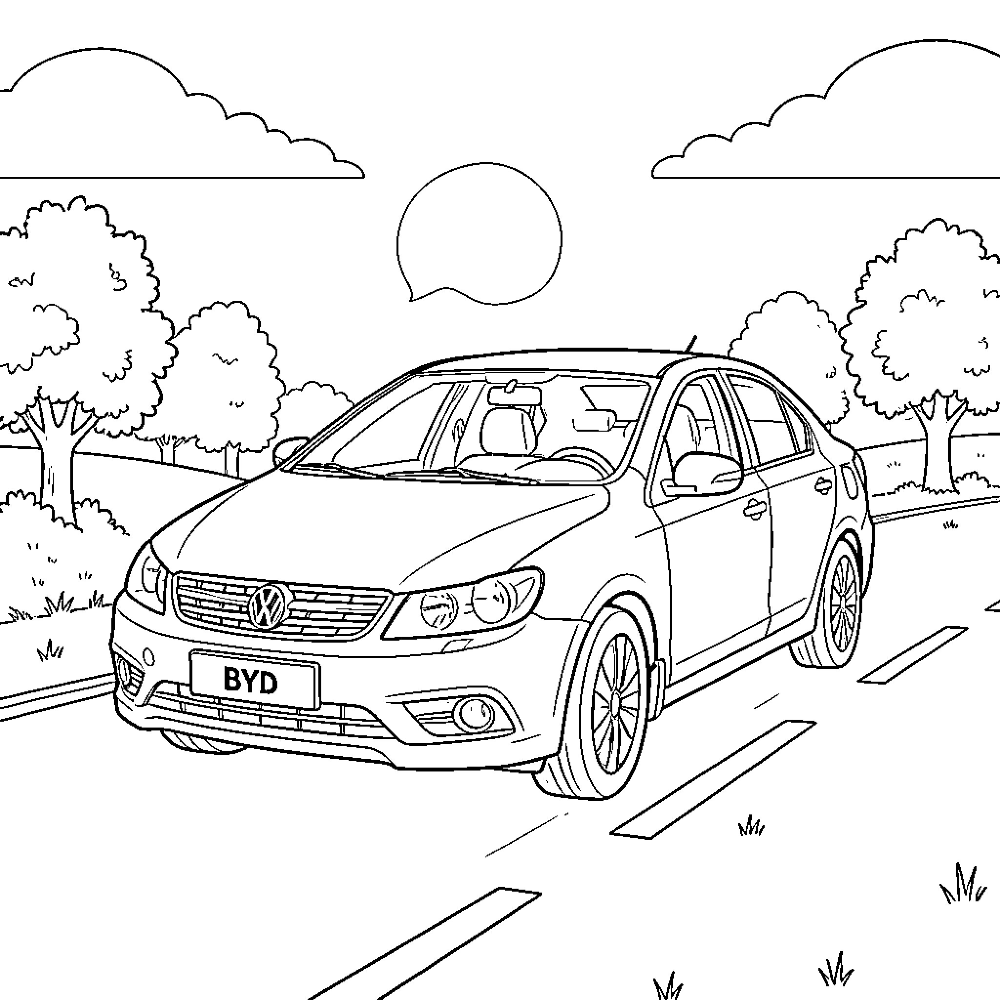 BYD car driving along a scenic roadside path Coloring Page (free black-and-white line drawing printable PDF for all, from beginners to advanced learners, including children, teens, adults, and seniors)