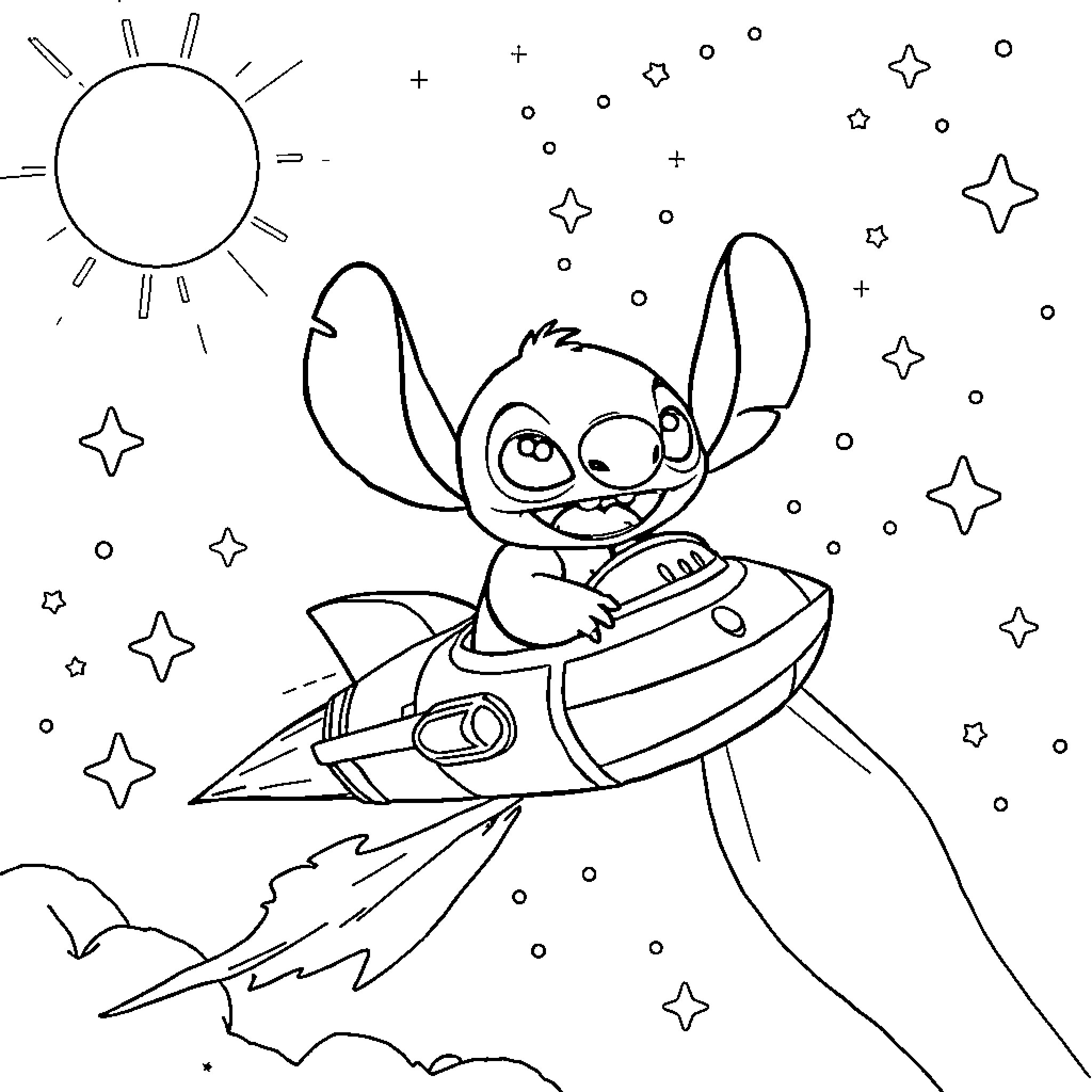 Stitch exploring the stars on a rocket ship Coloring Page (free black-and-white line drawing printable PDF for all, from beginners to advanced learners, including children, teens, adults, and seniors)