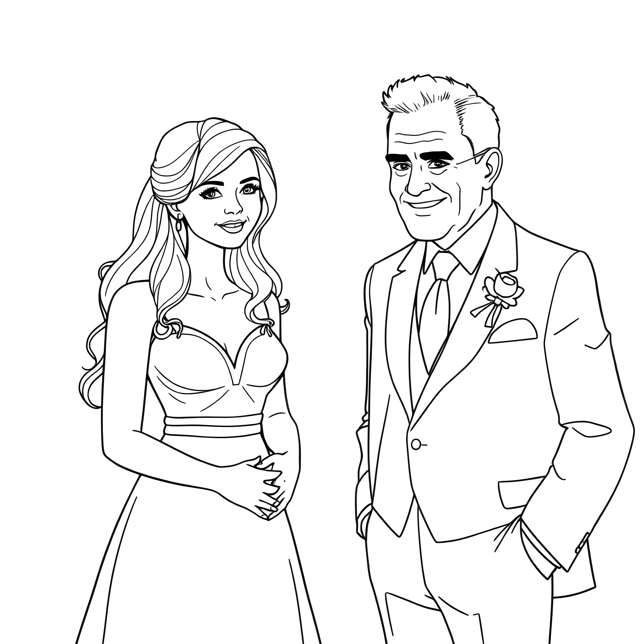 Woman in elegant dress stands beside well-dressed man Coloring Page (free black-and-white line drawing printable PDF for all, from beginners to advanced learners, including children, teens, adults, and seniors)