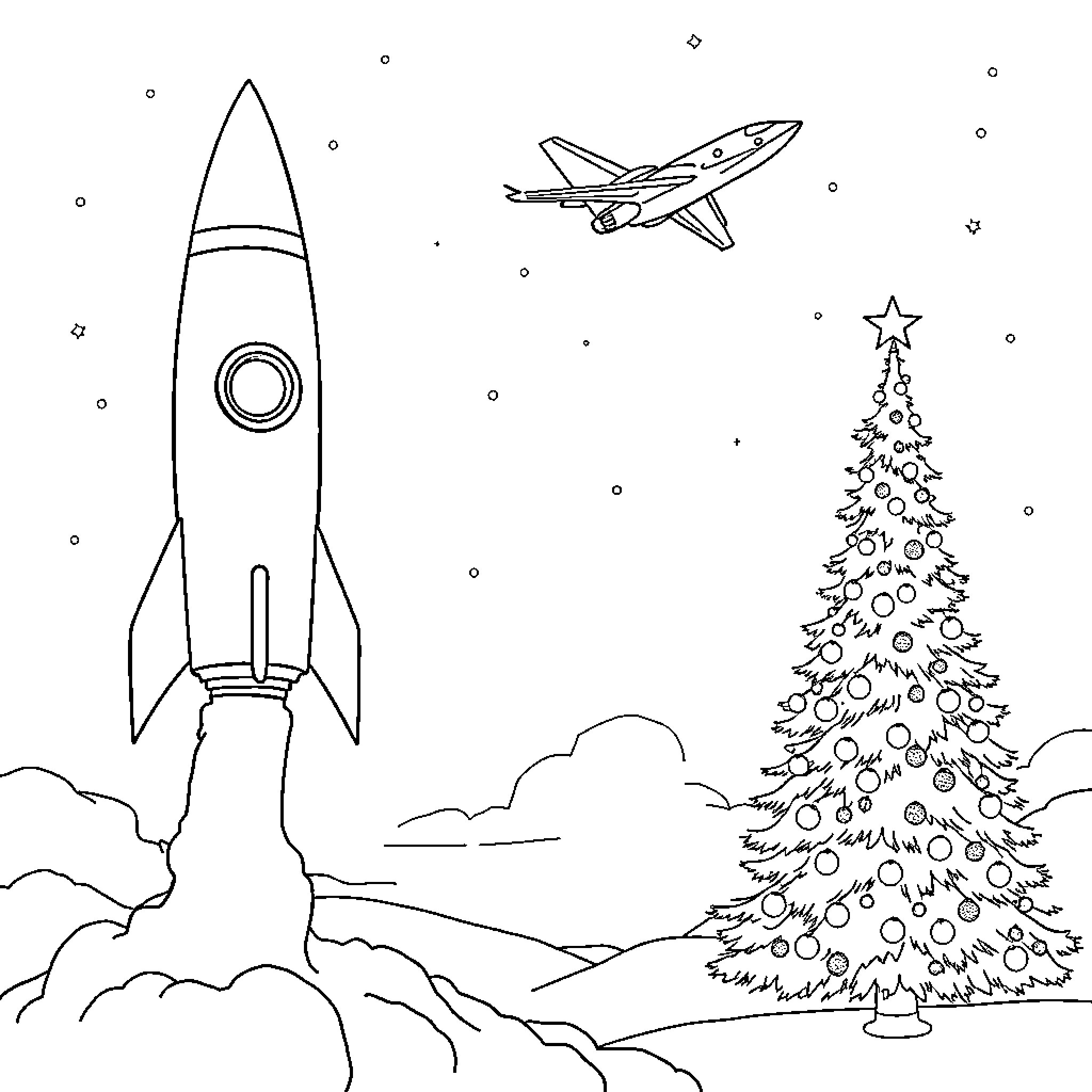 Rocket soaring through the cosmic landscape Coloring Page (free black-and-white line drawing printable PDF for all, from beginners to advanced learners, including children, teens, adults, and seniors)