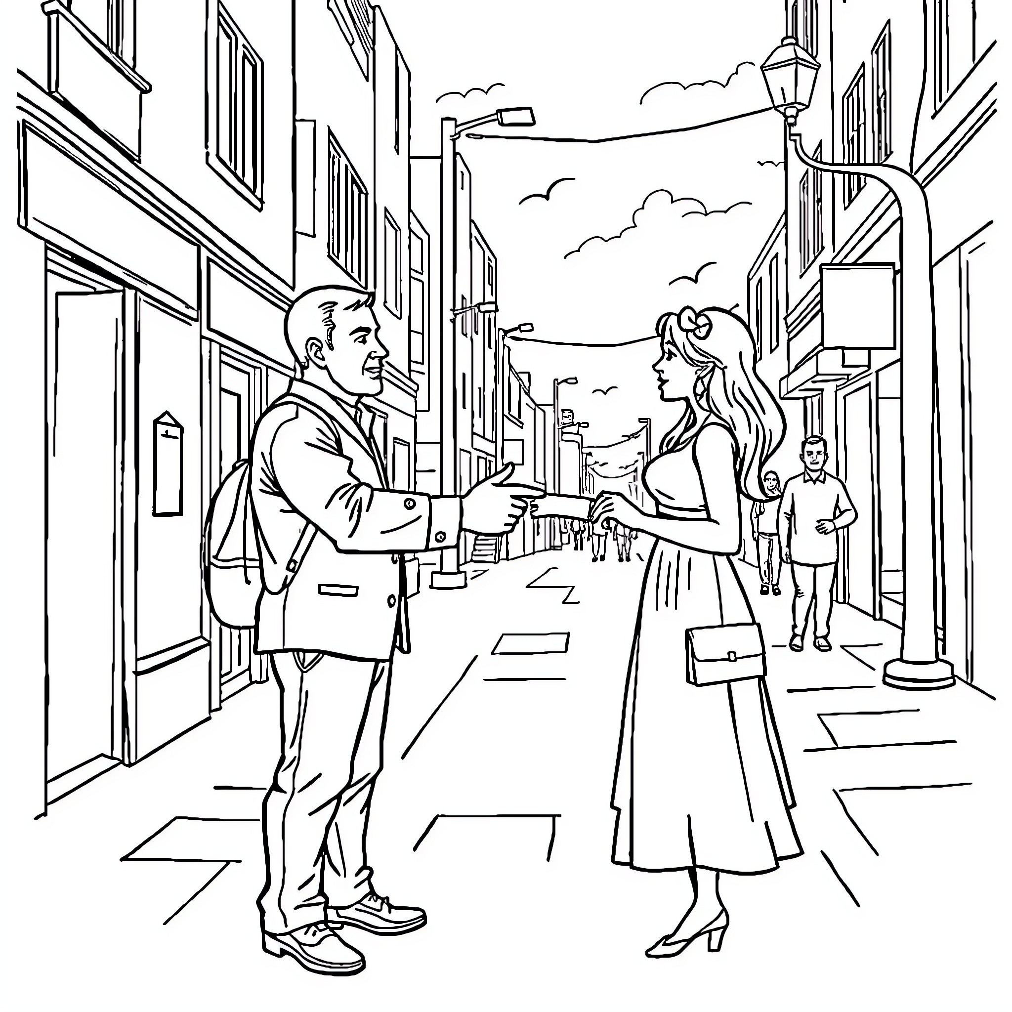 Man and woman conversing on a city street Coloring Page (free black-and-white line drawing printable PDF for all, from beginners to advanced learners, including children, teens, adults, and seniors)