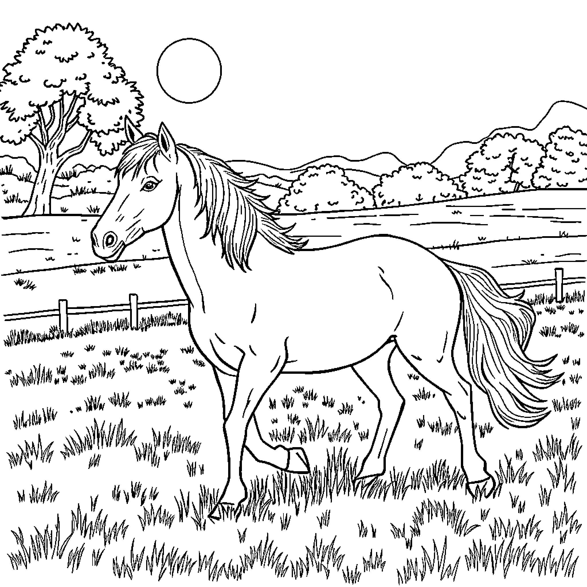Horse standing in a pastoral countryside scene Coloring Page (free black-and-white line drawing printable PDF for all, from beginners to advanced learners, including children, teens, adults, and seniors)