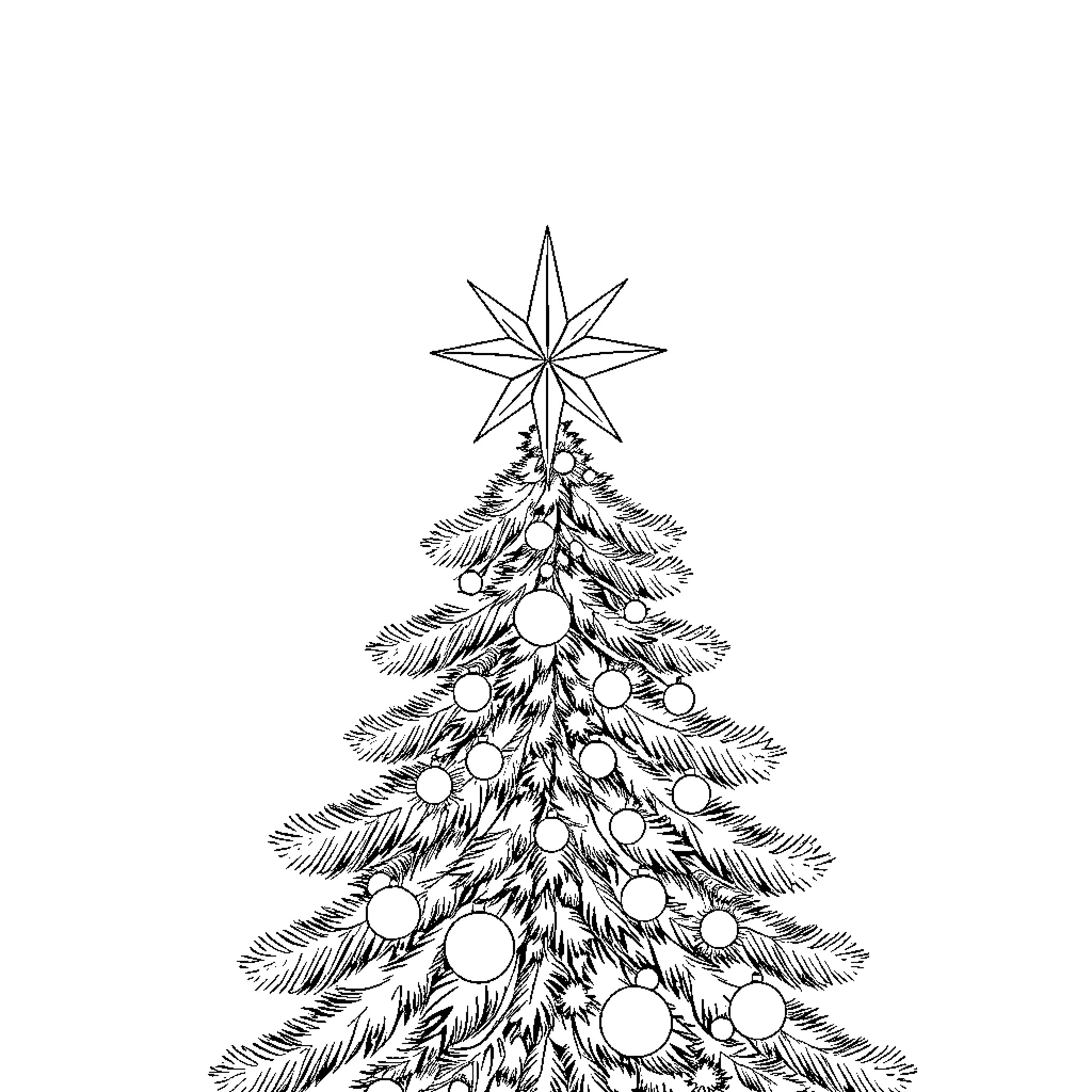Star decorated Christmas tree with ornaments Coloring Page (free black-and-white line drawing printable PDF for all, from beginners to advanced learners, including children, teens, adults, and seniors)