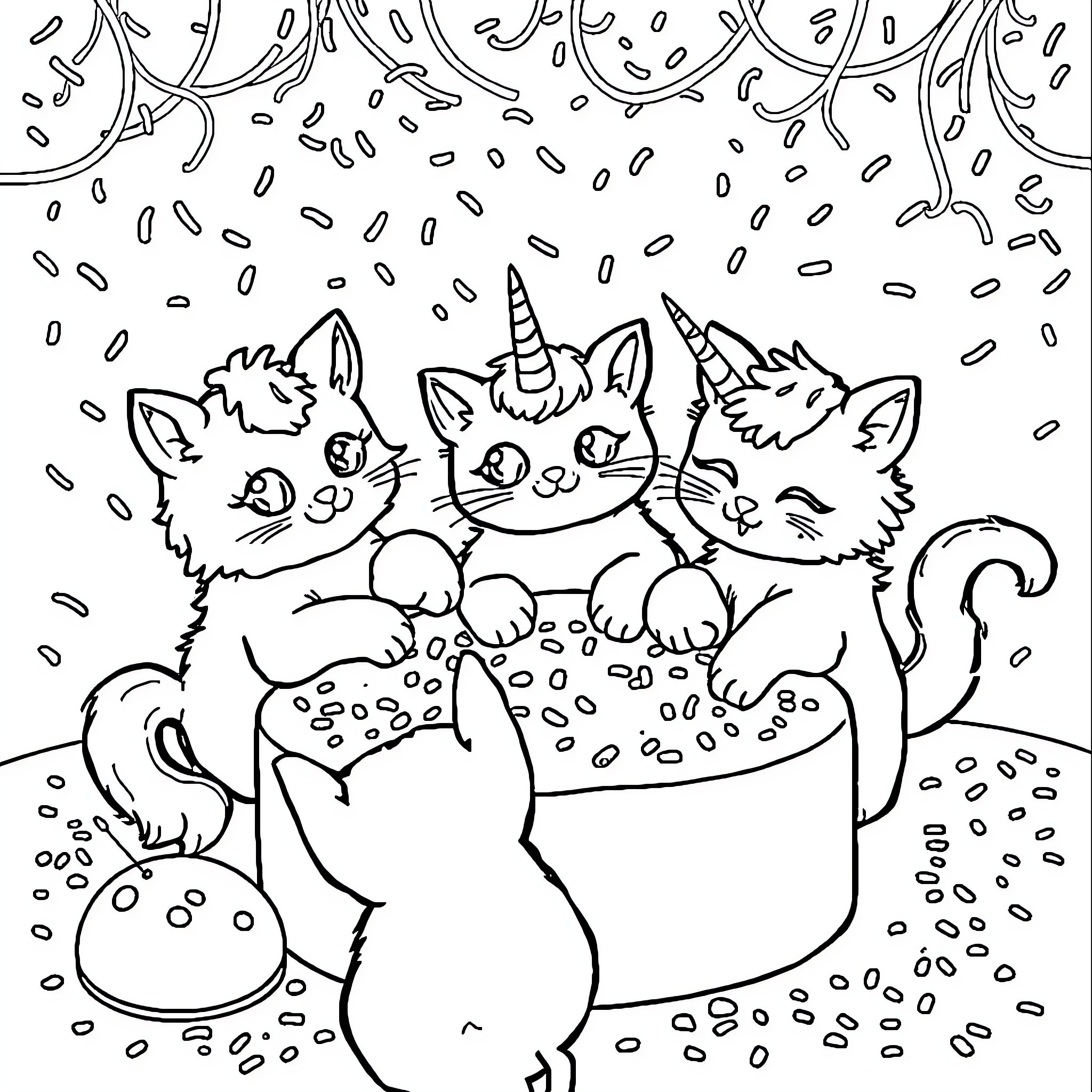Unicorn Cats Celebrate with Cake and Confetti Coloring Page (free black-and-white line drawing printable PDF for all, from beginners to advanced learners, including children, teens, adults, and seniors)