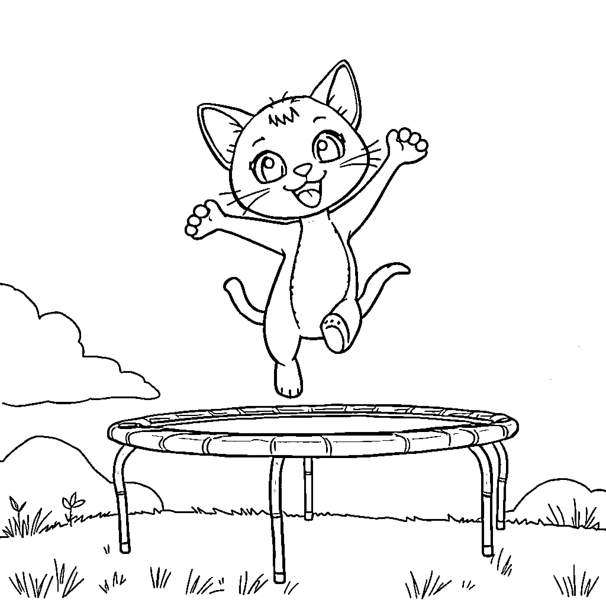 Doja Cat playing joyfully on a trampoline Coloring Page (free black-and-white line drawing printable PDF for all, from beginners to advanced learners, including children, teens, adults, and seniors)