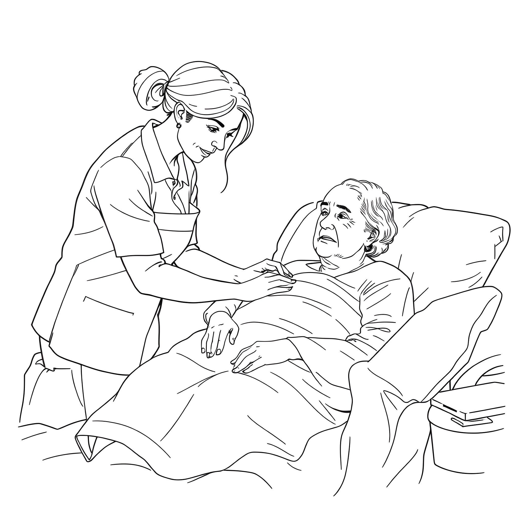 Diaper nursing care for elderly patient in bed Coloring Page (free black-and-white line drawing printable PDF for all, from beginners to advanced learners, including children, teens, adults, and seniors)