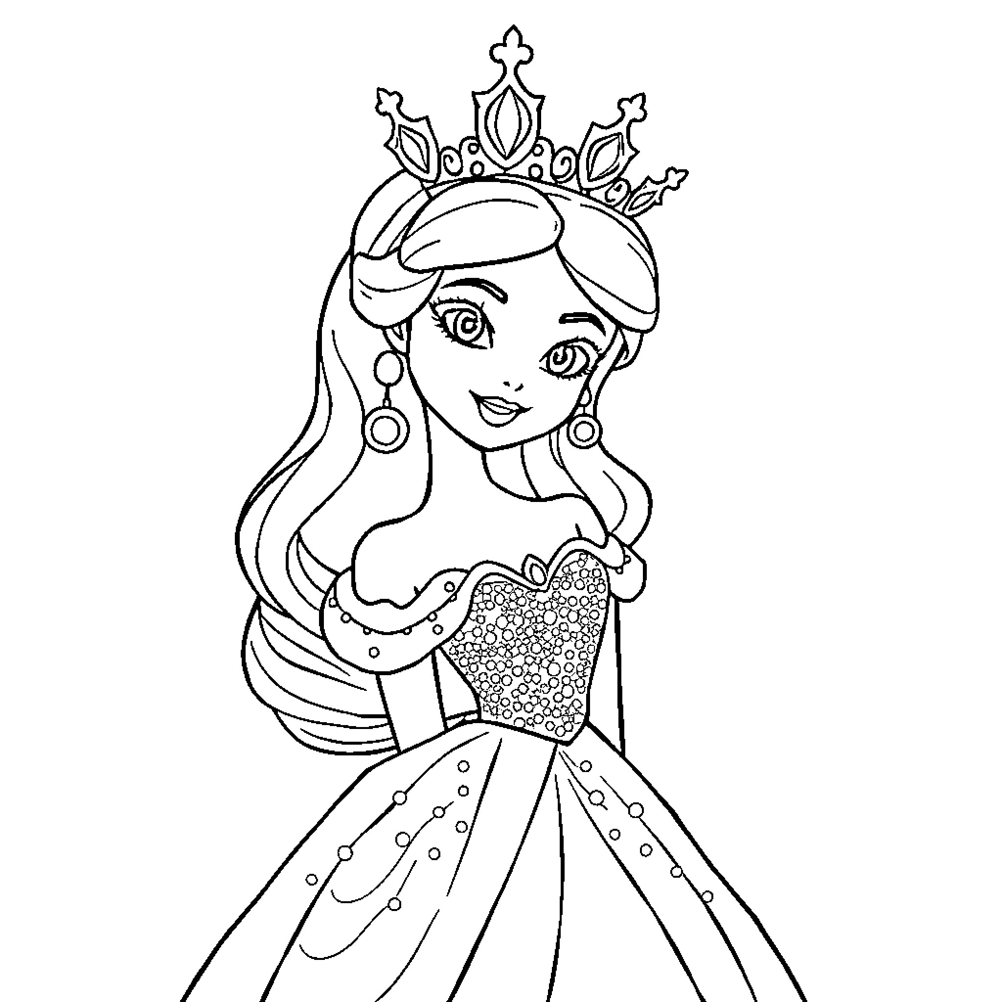 Princess in Elegant Dress with Sparkling Crown Coloring Page (free black-and-white line drawing printable PDF for all, from beginners to advanced learners, including children, teens, adults, and seniors)
