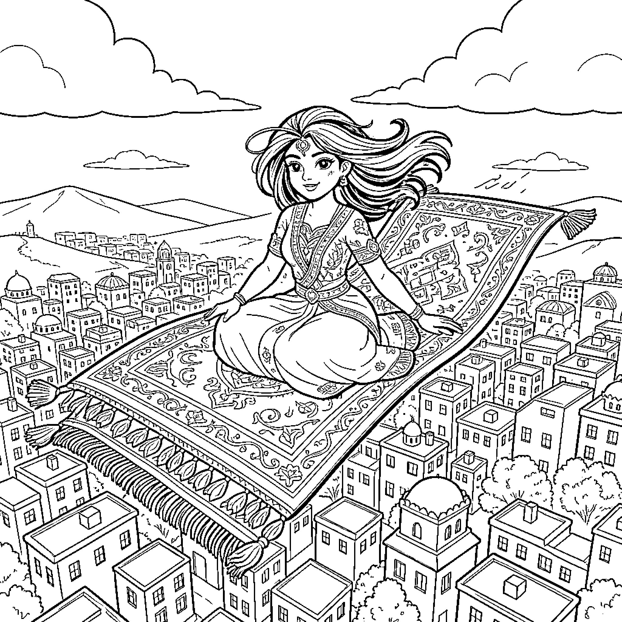 Jasmine sitting gracefully on a flying magic carpet Coloring Page (free black-and-white line drawing printable PDF for all, from beginners to advanced learners, including children, teens, adults, and seniors)