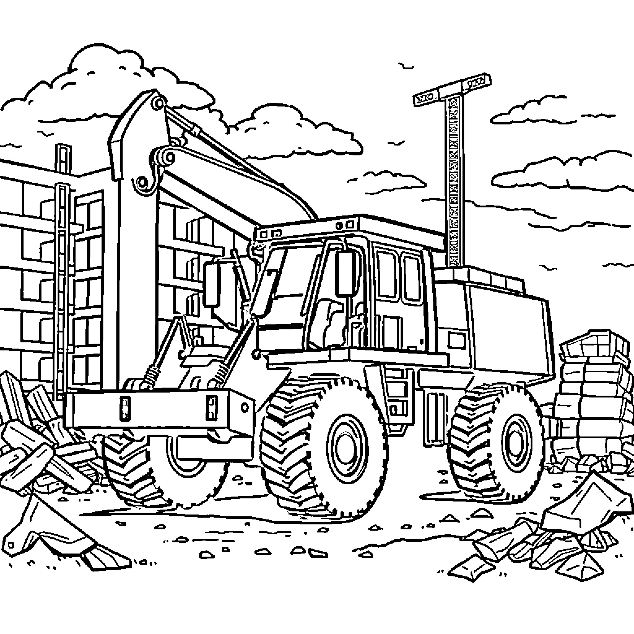 Construction Vehicle Carrying Supplies on Construction Site Coloring Page (free black-and-white line drawing printable PDF for all, from beginners to advanced learners, including children, teens, adults, and seniors)